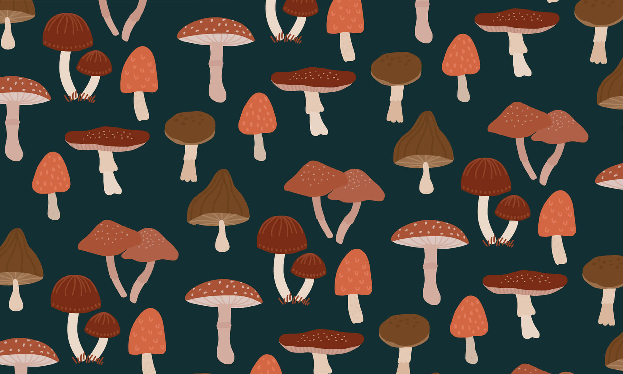 Mushroom Aesthetic 桌布 壁紙 — 在深藍綠色背景上重複的風格化蘑菇圖案，採用大地色調。