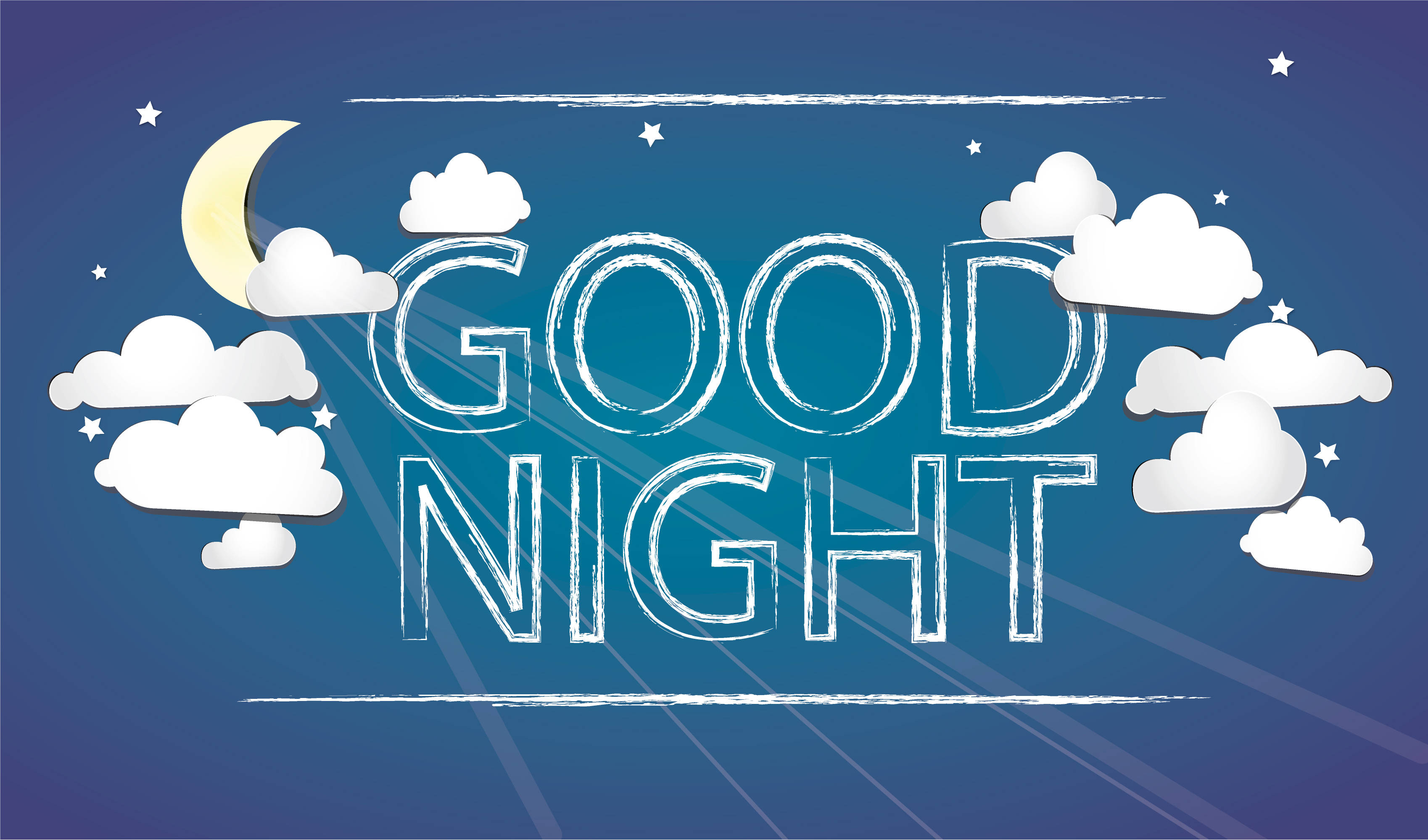 晚安 桌布 壁紙 — 在深藍色夜空、新月和蓬鬆雲朵的背景下，以粉筆風格字體呈現的風格化「GOOD NIGHT」訊息。