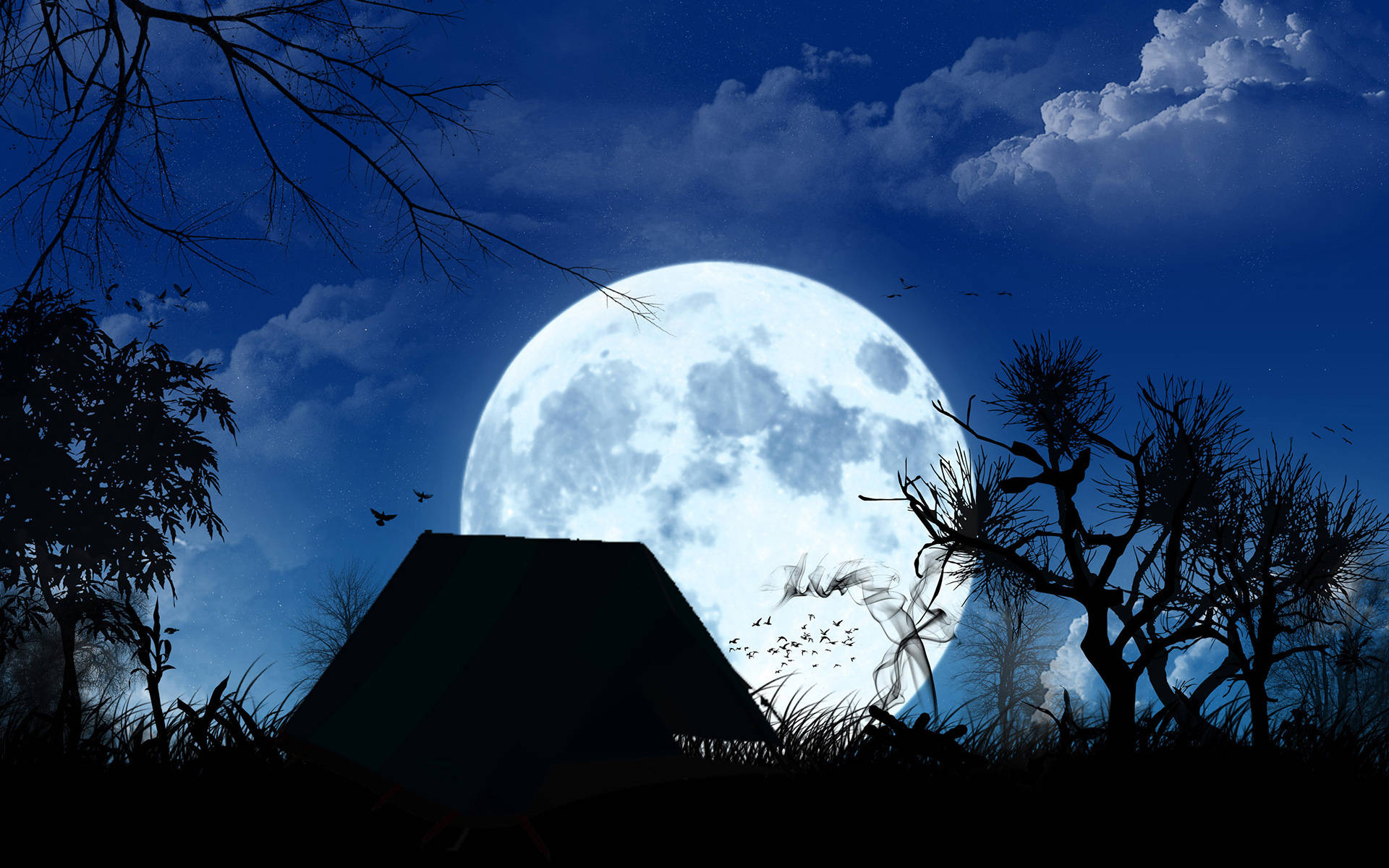 HD Moon 桌布 壁紙 — 在深藍色夜空下，一個孤獨的帳篷在巨大發光的月亮下形成剪影，伴隨著飛鳥和光禿的樹木。