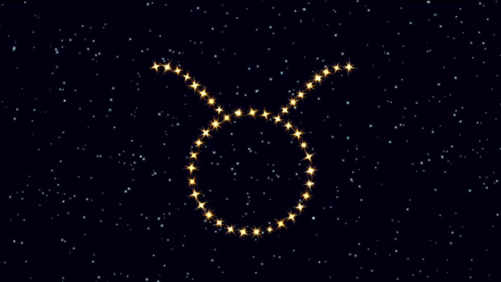 zodiac 桌布 壁紙 — 在深藍色夜空中，由明亮星星勾勒出的閃耀金色金牛座星座，點綴著較暗的星星。