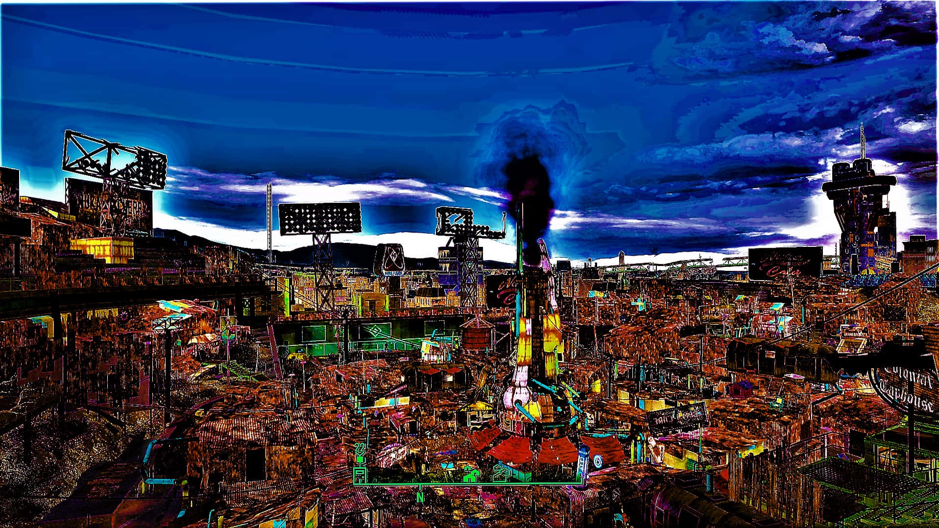 Diamond City 桌布 壁紙 — 在深藍色天空下，一個超現實的數位藝術夜景城市景觀，帶有霓虹燈和從工業塔樓升起的煙霧。