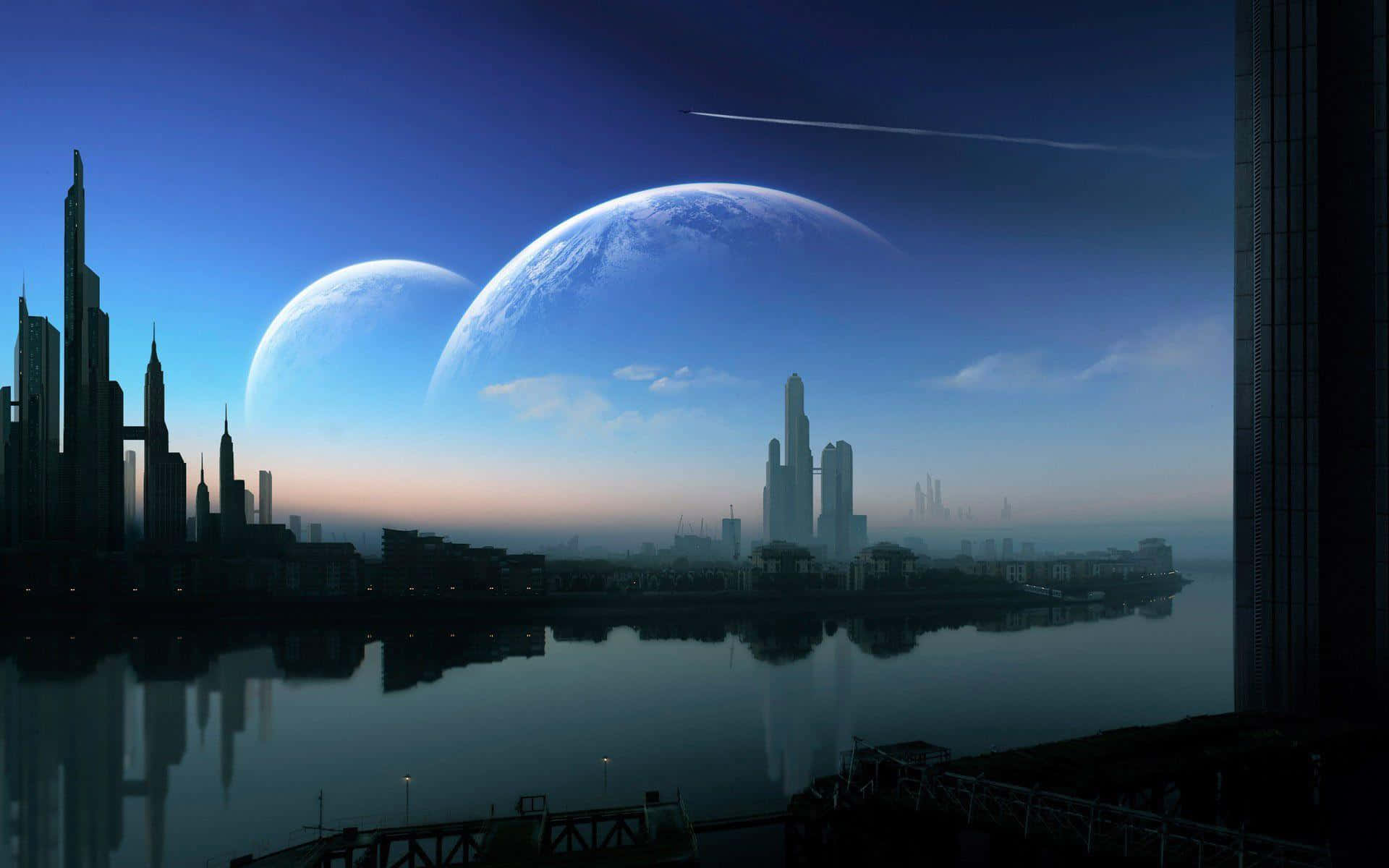 Future 桌布 壁紙 — 在深藍色天空中兩個巨大發光月亮下，暮色中的未來城市天際線倒映在平靜的水面上。