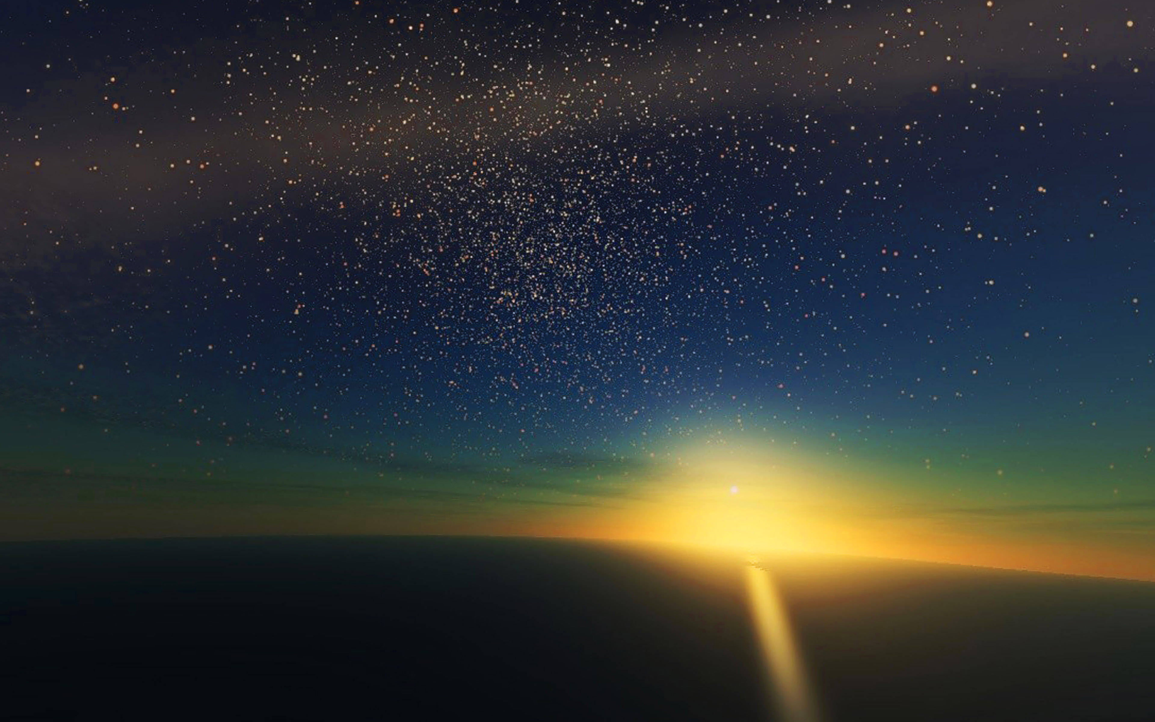Stars 桌布 壁紙 — 在深藍色天空中散佈著無數星星的黑暗地平線之上，燦爛的日出或日落。