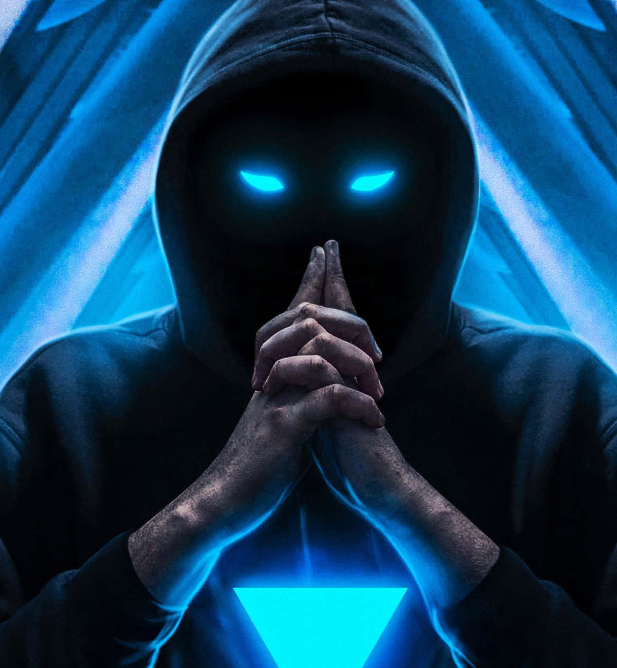 霓虹 桌布 壁紙 — 在深藍色數位環境中，一個戴著兜帽的人物，擁有發光的藍色眼睛，雙手交握在一個發光的藍色三角形上方。