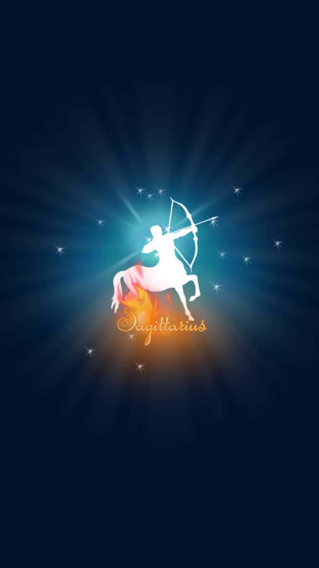 sagittarius 桌布 壁紙 — 在深藍色星空背景下，一個發光的白色射手座剪影騎在火焰馬上，伴隨著耀眼的光束。