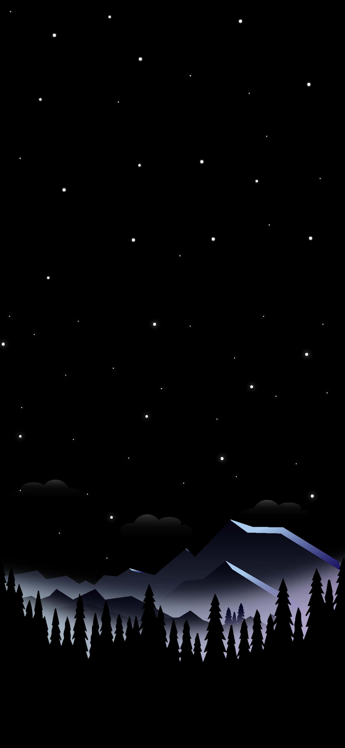 夜空 桌布 壁紙 — 在深藍色漸變下，剪影松樹和層疊山脈上方有星空的極簡夜景。