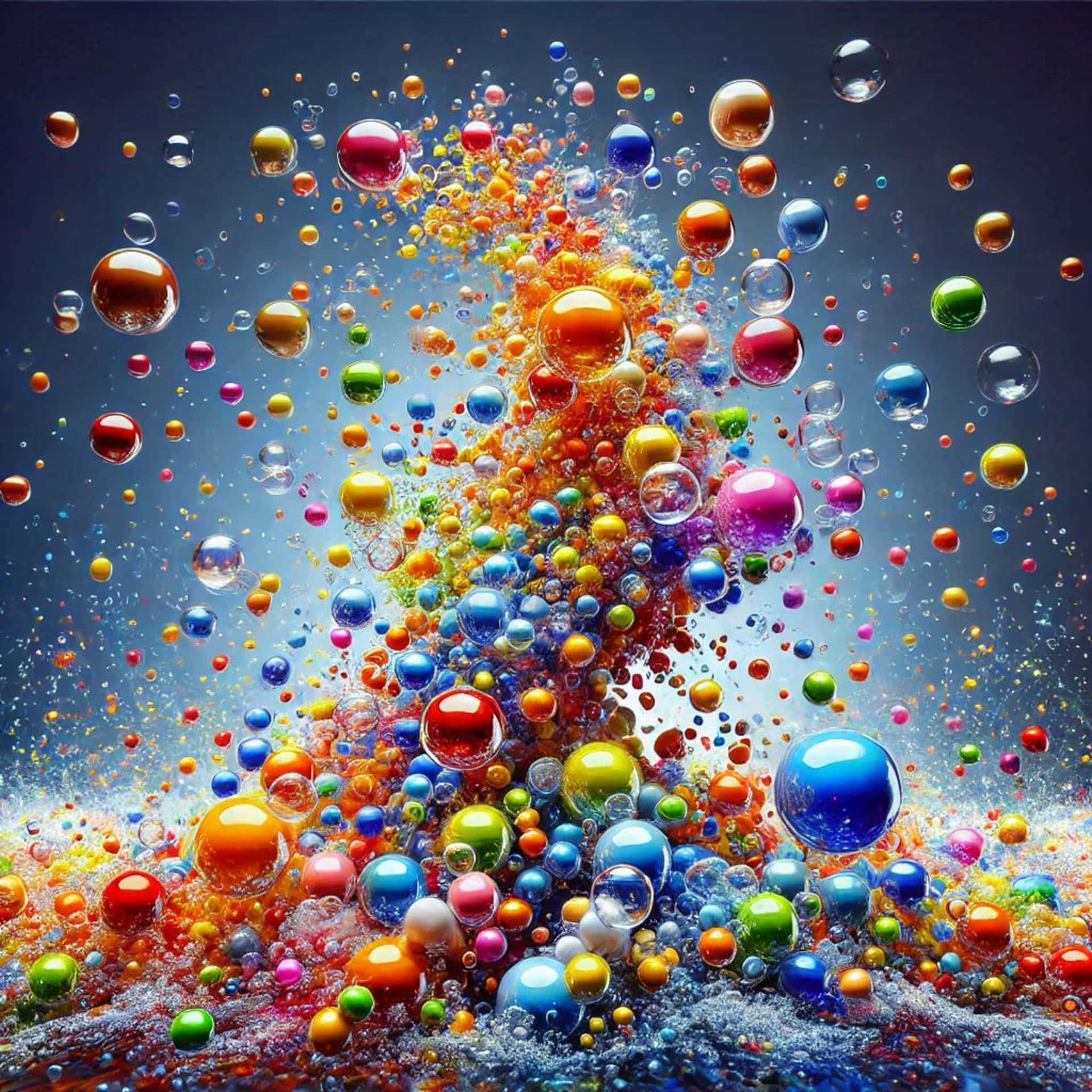 balloons on the background of the sky 壁紙 — 在深藍色漸變背景上，多彩半透明氣泡動態地層疊而下，形成充滿活力的爆炸效果。
