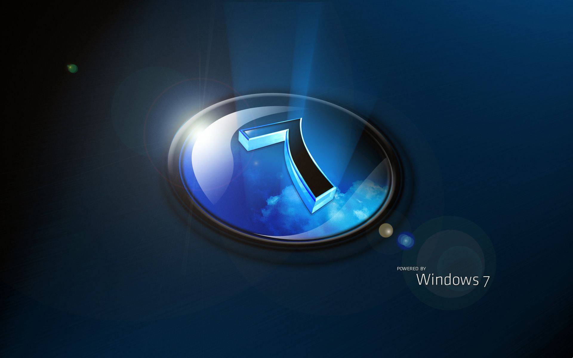 Windows 7 桌布 壁紙 — 在深藍色漸變背景上，金屬橢圓形內有發光的藍色Windows 7標誌，帶有鏡頭光暈和雲朵。