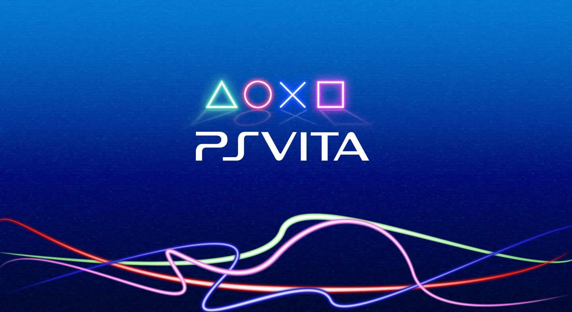 Ps Vita 桌布 壁紙 — 在深藍色漸變背景上帶有彩色光軌的霓虹發光PS Vita標誌。