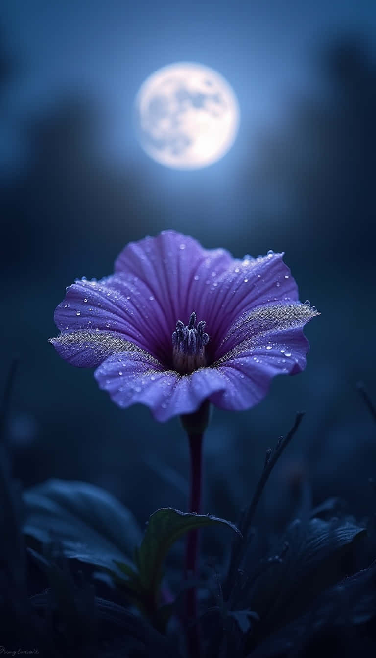 Flower 壁紙 — 在深藍色的夜景中，一朵紫色的花在滿月下閃爍著露珠。