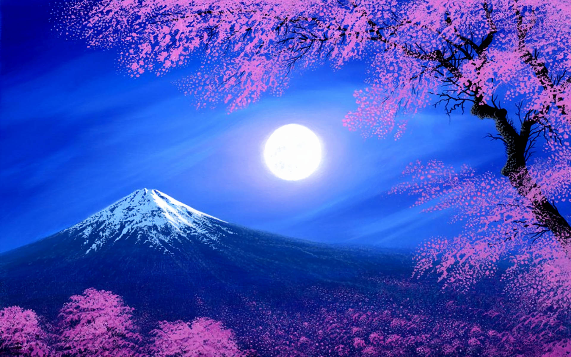 富士山 桌布 壁紙 — 在深藍色的夜空下，一座雄偉的雪山聳立在滿月之下，周圍環繞著鮮豔的粉紅色櫻花。