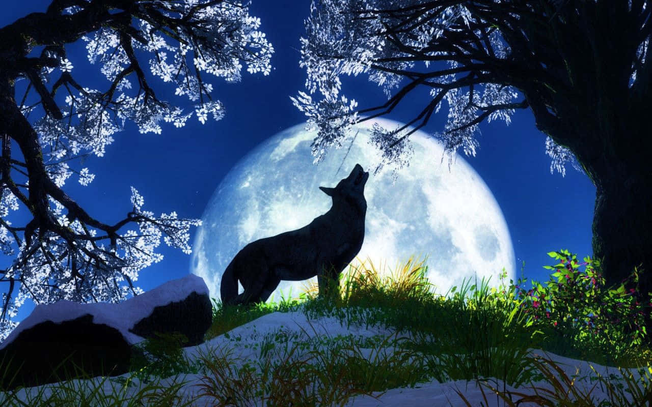 狼 桌布 壁紙 — 在深藍色的夜空下，一隻孤獨的狼對著被雪覆蓋的櫻花樹環繞的巨大月亮嚎叫。