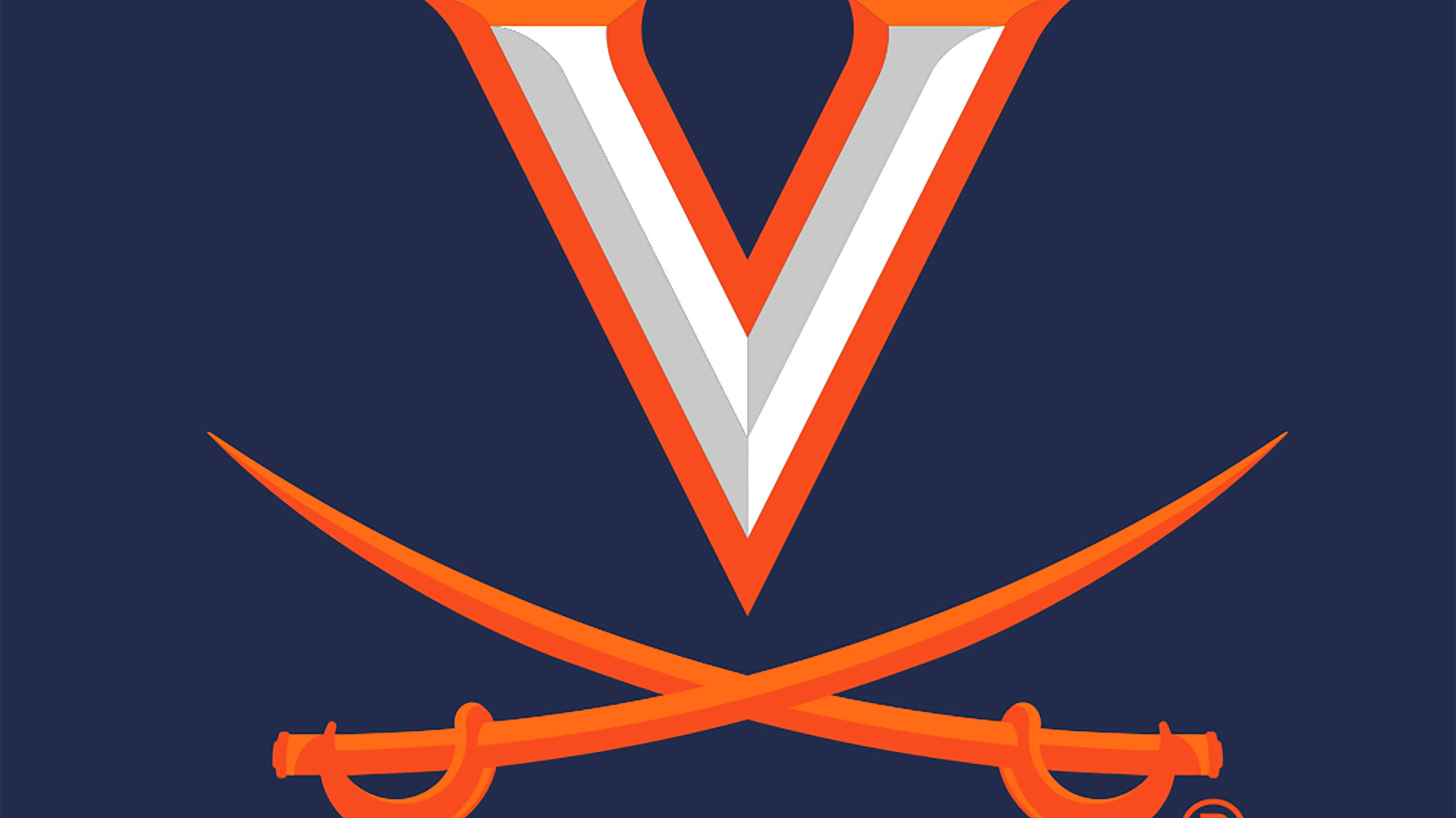 Virginia 桌布 壁紙 — 在深藍色背景上，一個大膽的橙色和白色「V」字，帶有交叉的軍刀。