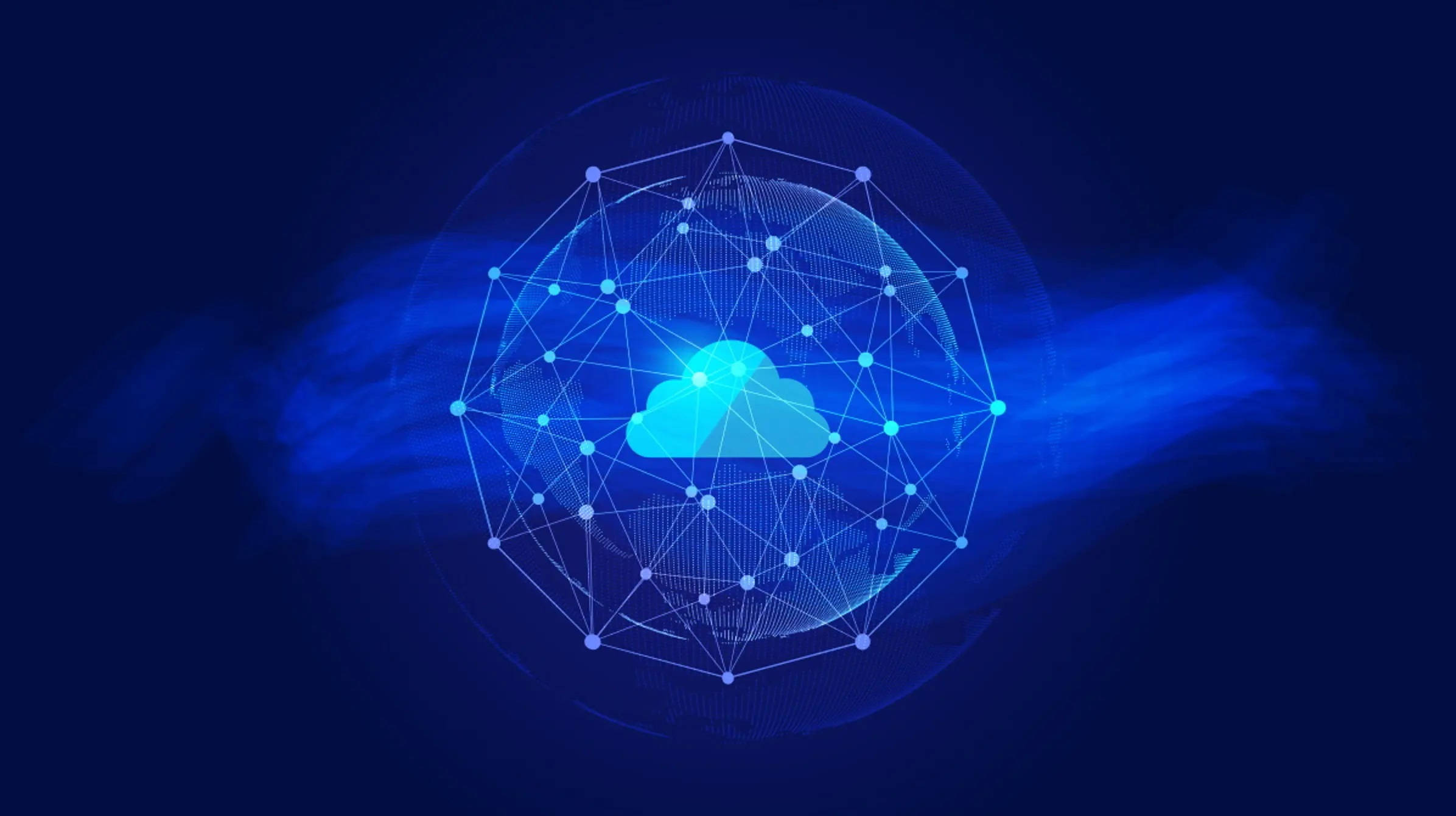 Internet 桌布 壁紙 — 在深藍色背景上，一個發光的藍色雲圖示位於數位網路球體的中心，帶有流動的光效。
