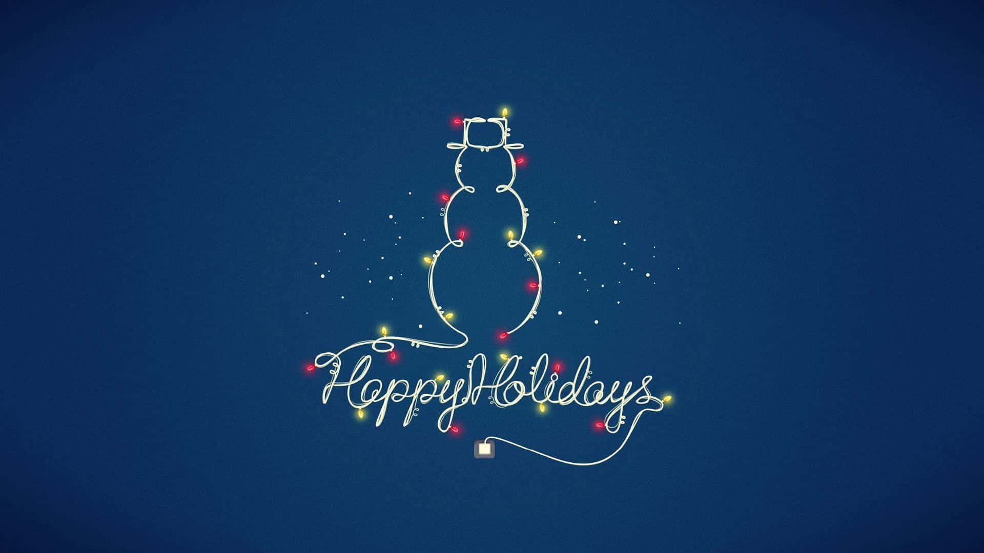 Happy Holidays 桌布 壁紙 — 在深藍色背景上，一個節日雪人輪廓裝飾著閃爍的燈光和草書文字「Happy Holidays」。