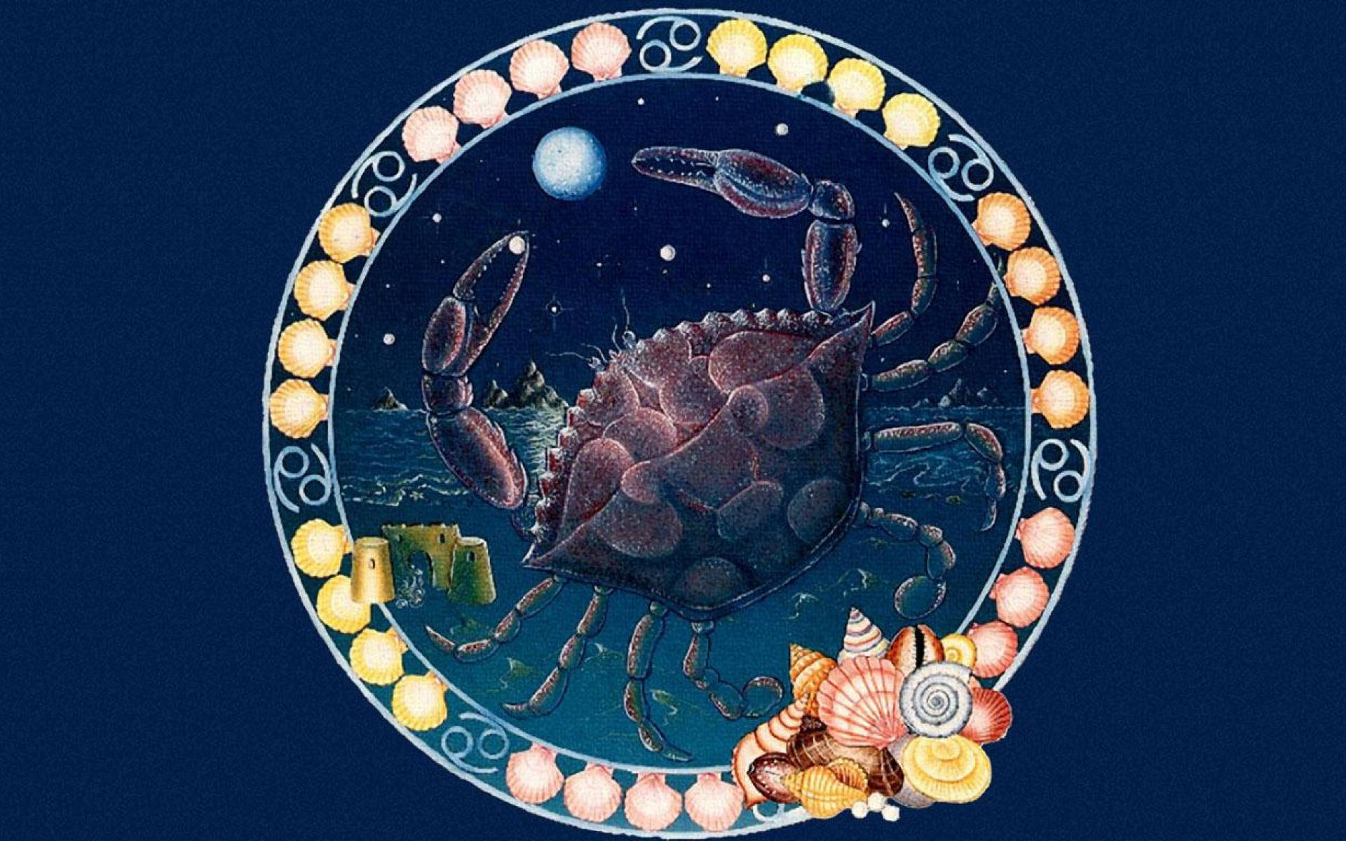 zodiac 桌布 壁紙 — 在深藍色背景上，一個詳細的插圖，描繪了一隻螃蟹在月光下的天空中，周圍環繞著色彩繽紛的貝殼。