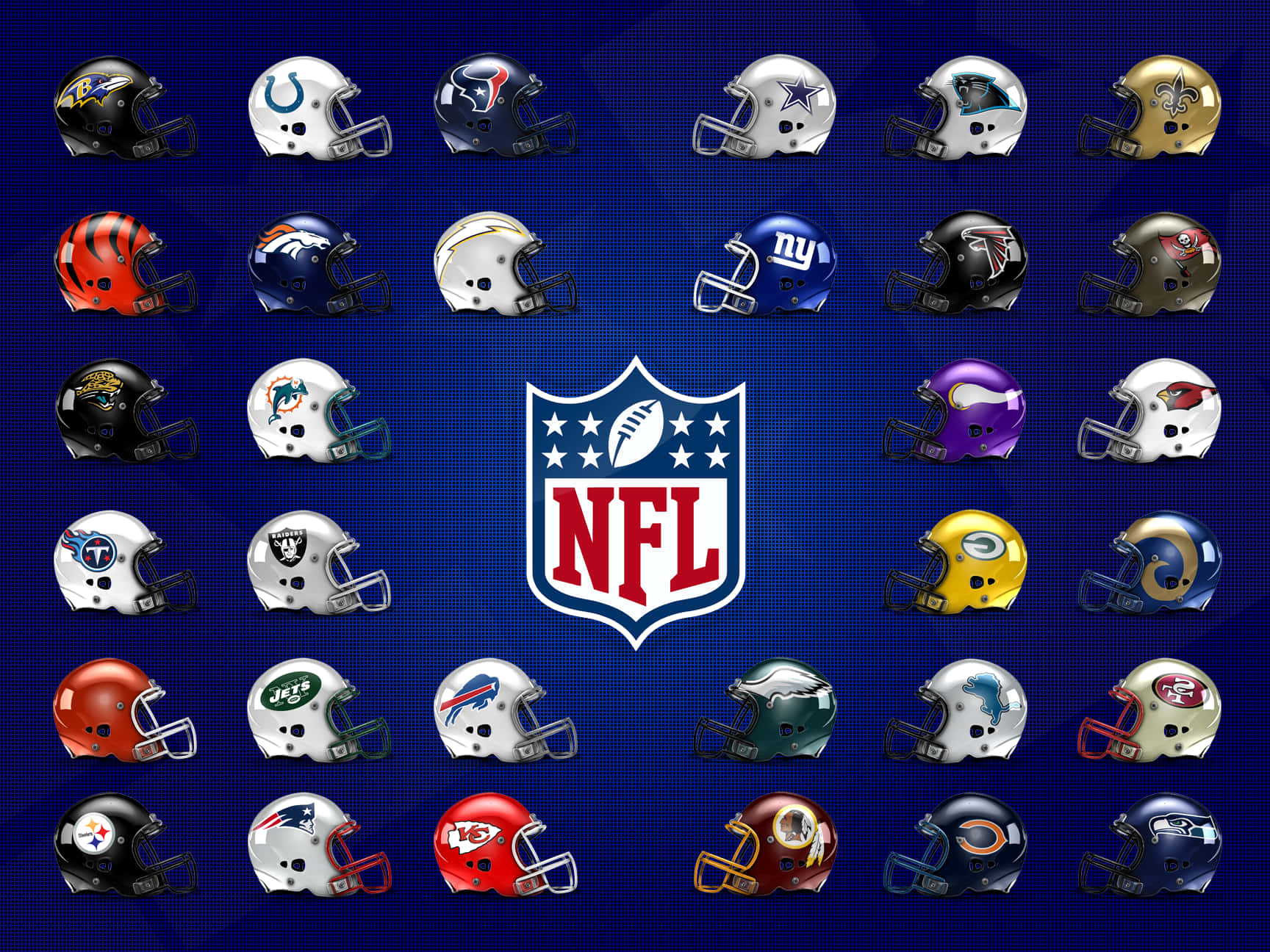 NFL 桌布 壁紙 — 在深藍色背景上，圍繞中央NFL標誌排列的NFL球隊頭盔網格。