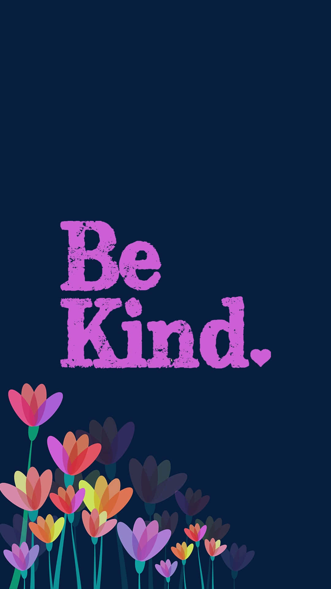 Quote 桌布 壁紙 — 在深藍色背景上，鮮豔的風格化花朵在粗體紫色「Be Kind」文字下方盛開。