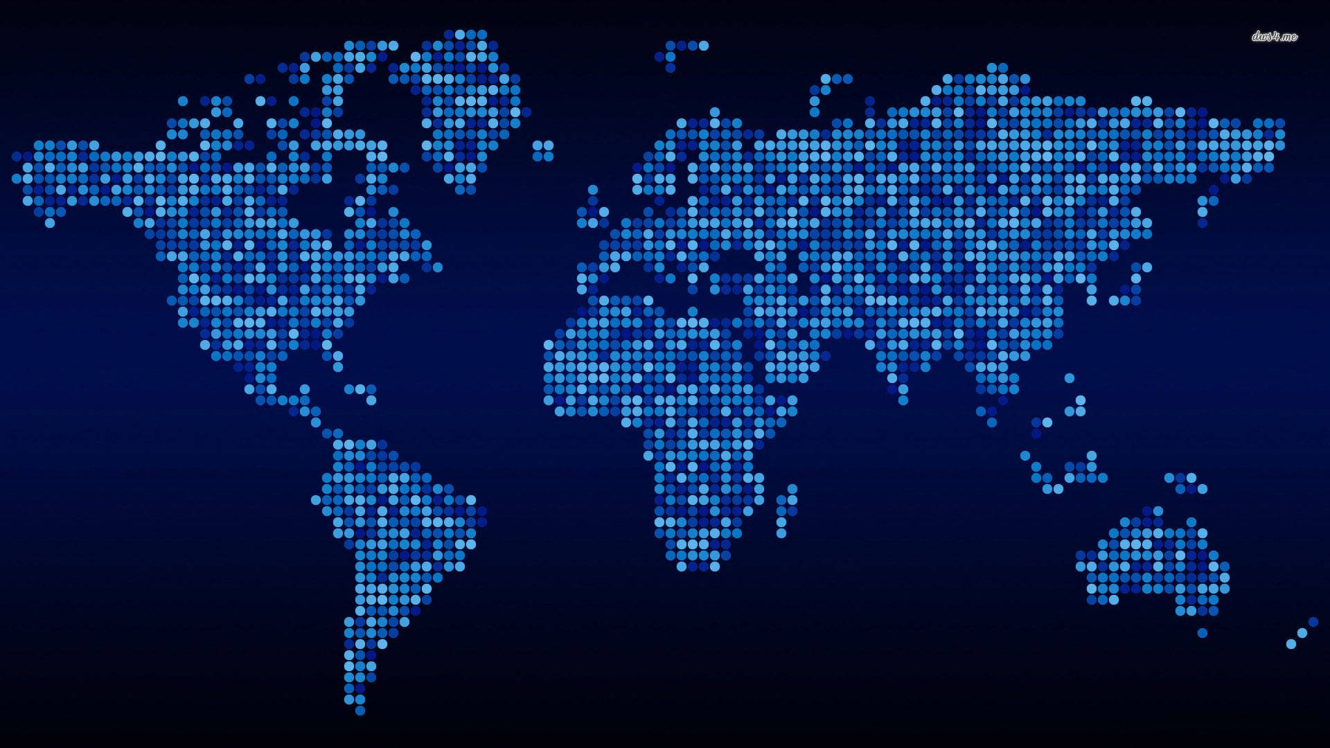 World 桌布 壁紙 — 在深藍色背景上發光的藍色像素化世界地圖。