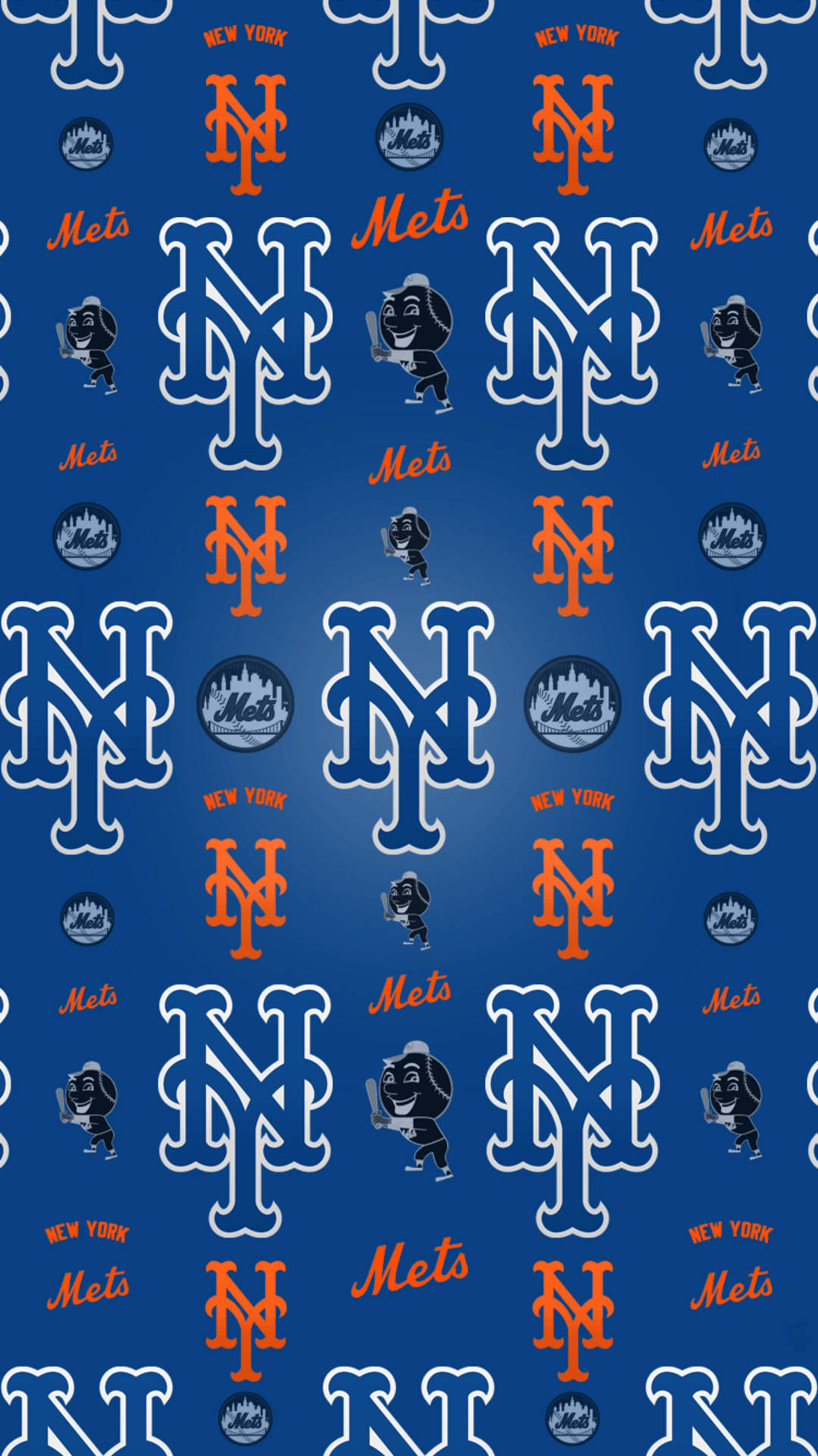 New York Mets 桌布 壁紙 — 在深藍色背景上重複出現的紐約大都會隊標誌和吉祥物圖案。