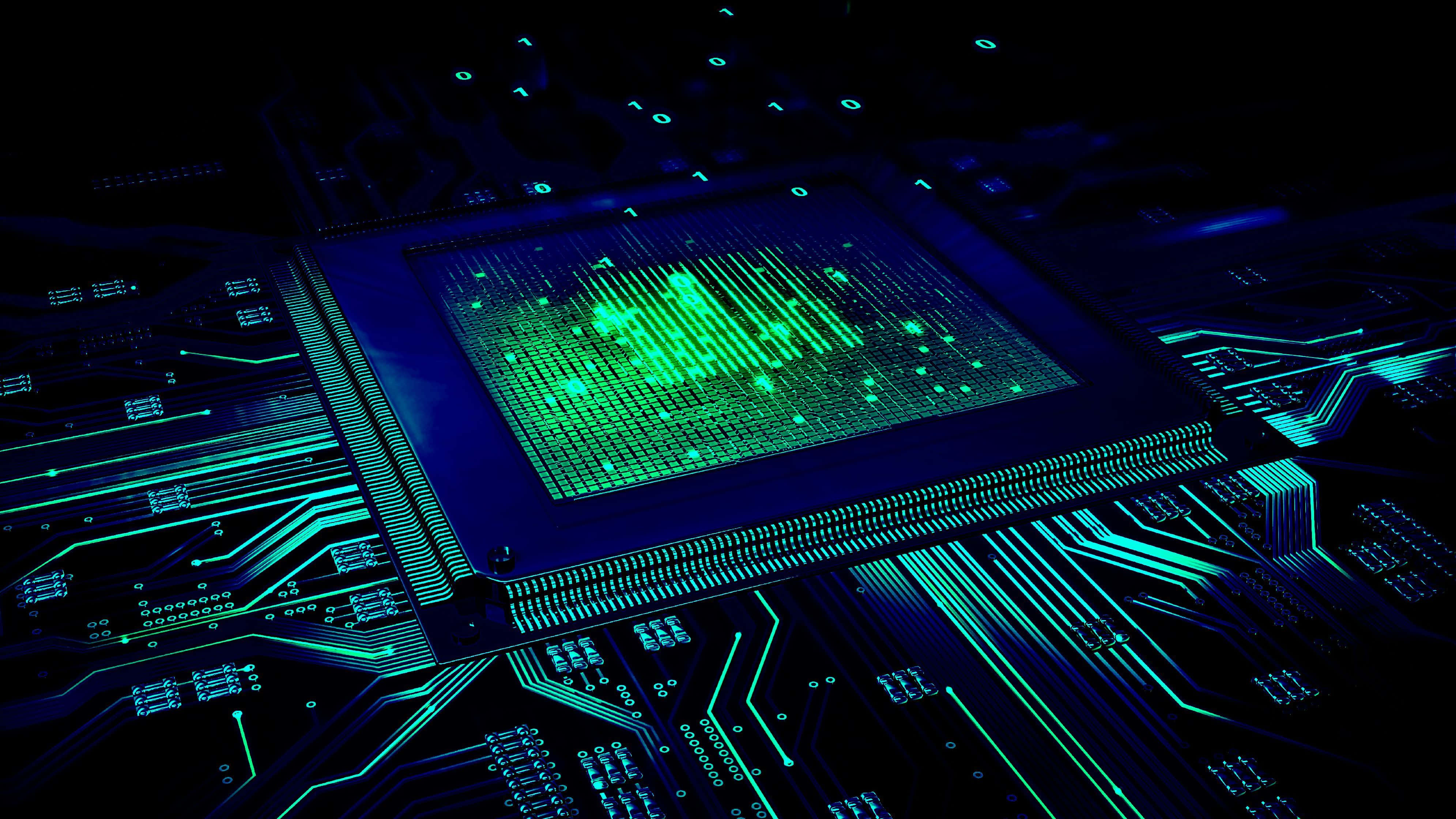 Electronics 桌布 壁紙 — 在深藍色電路板上，霓虹燈光下，一個發光的綠色微晶片以數位能量脈動。