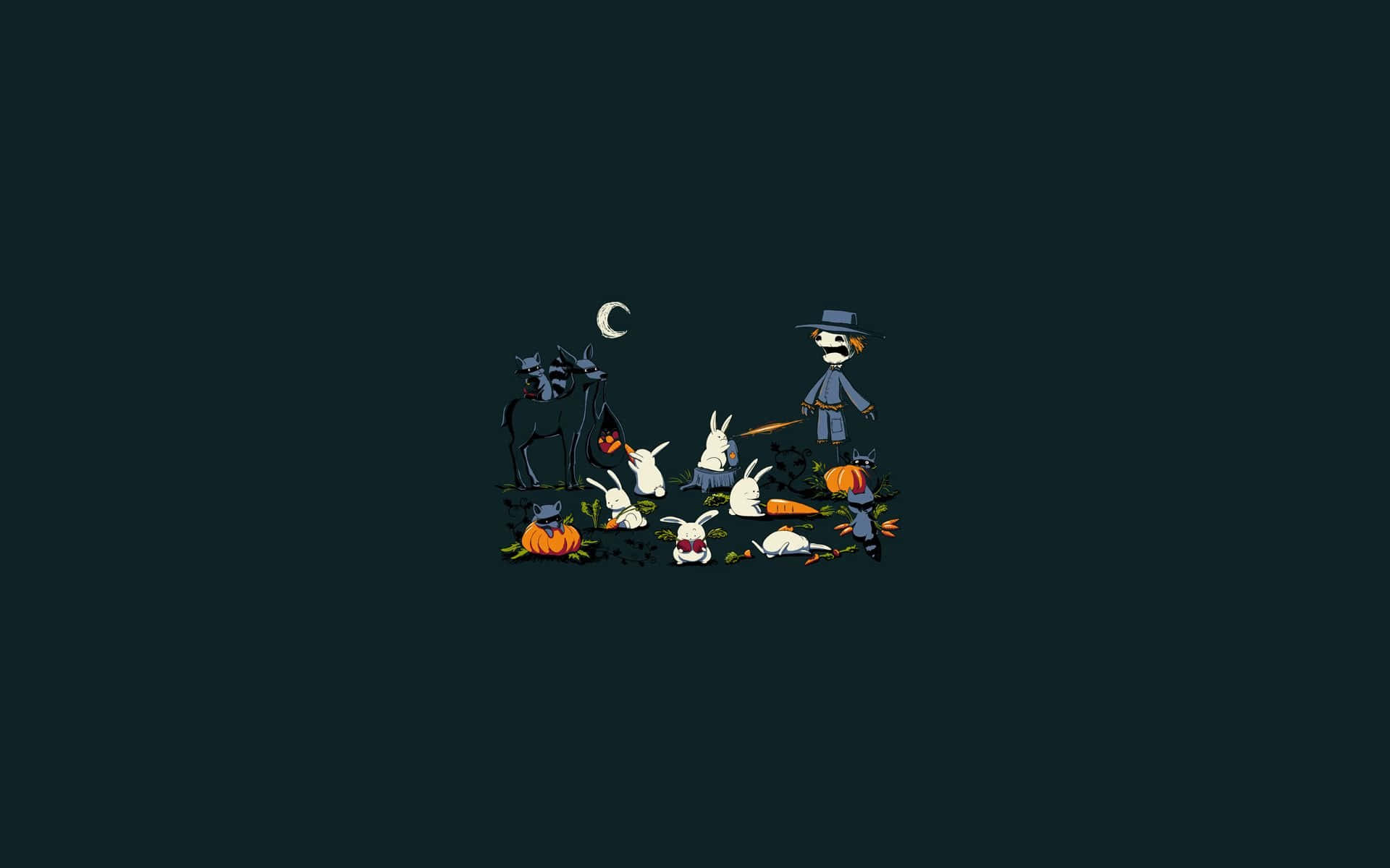 Halloween Laptop 桌布 壁紙 — 在深青色背景上，一個稻草人和黑馬與兔子、南瓜和新月的極簡數位插圖。