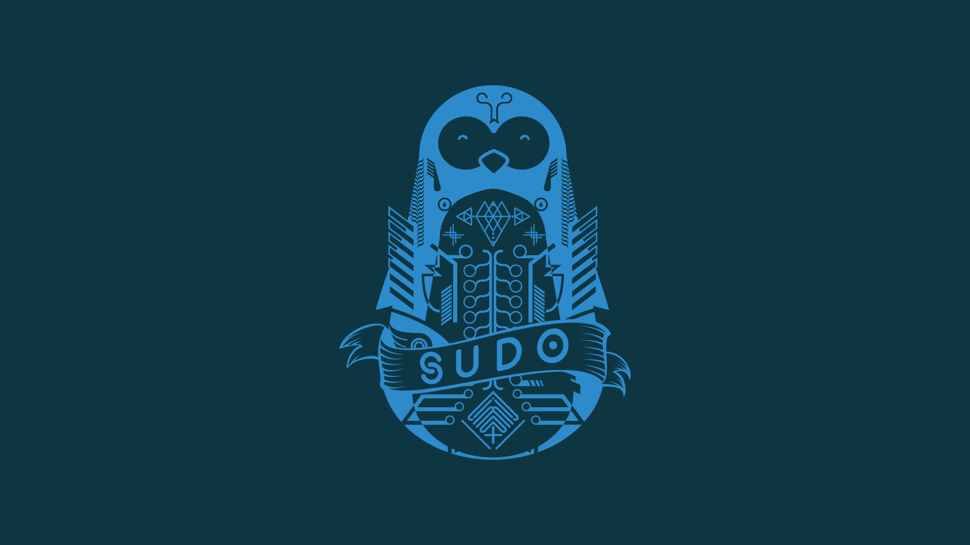 Linux 桌布 壁紙 — 在深青色背景上，帶有幾何圖案和單詞 sudo 的風格化藍色企鵝插圖。