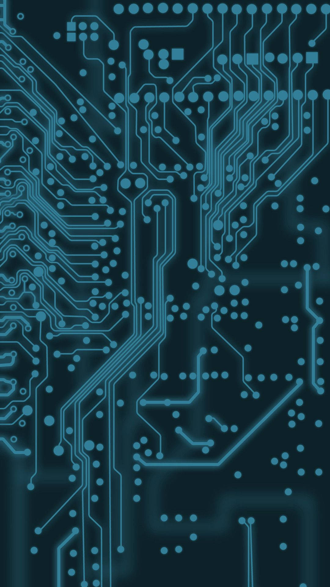 Circuit 桌布 壁紙 — 在深青色背景上，帶有複雜路徑和點的發光藍色電路板圖案。