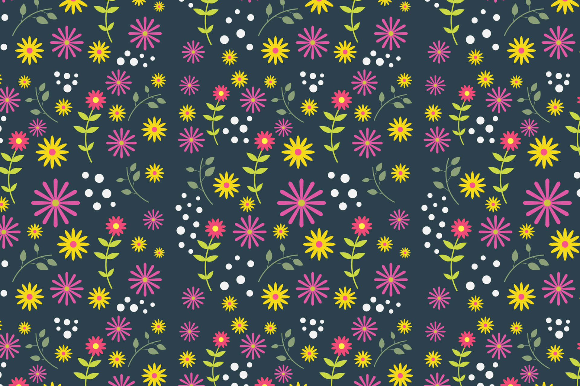 Flower pattern 壁紙 — 在深青色背景上，粉紅色和黃色風格化花朵搭配綠色莖和白色圓點的生動圖案。