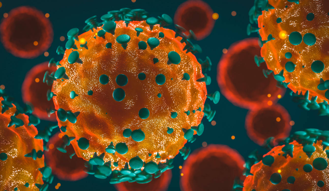 Coronavirus 桌布 壁紙 — 在深青色背景上漂浮的帶有青色尖刺的鮮橙色病毒粒子的3D渲染。
