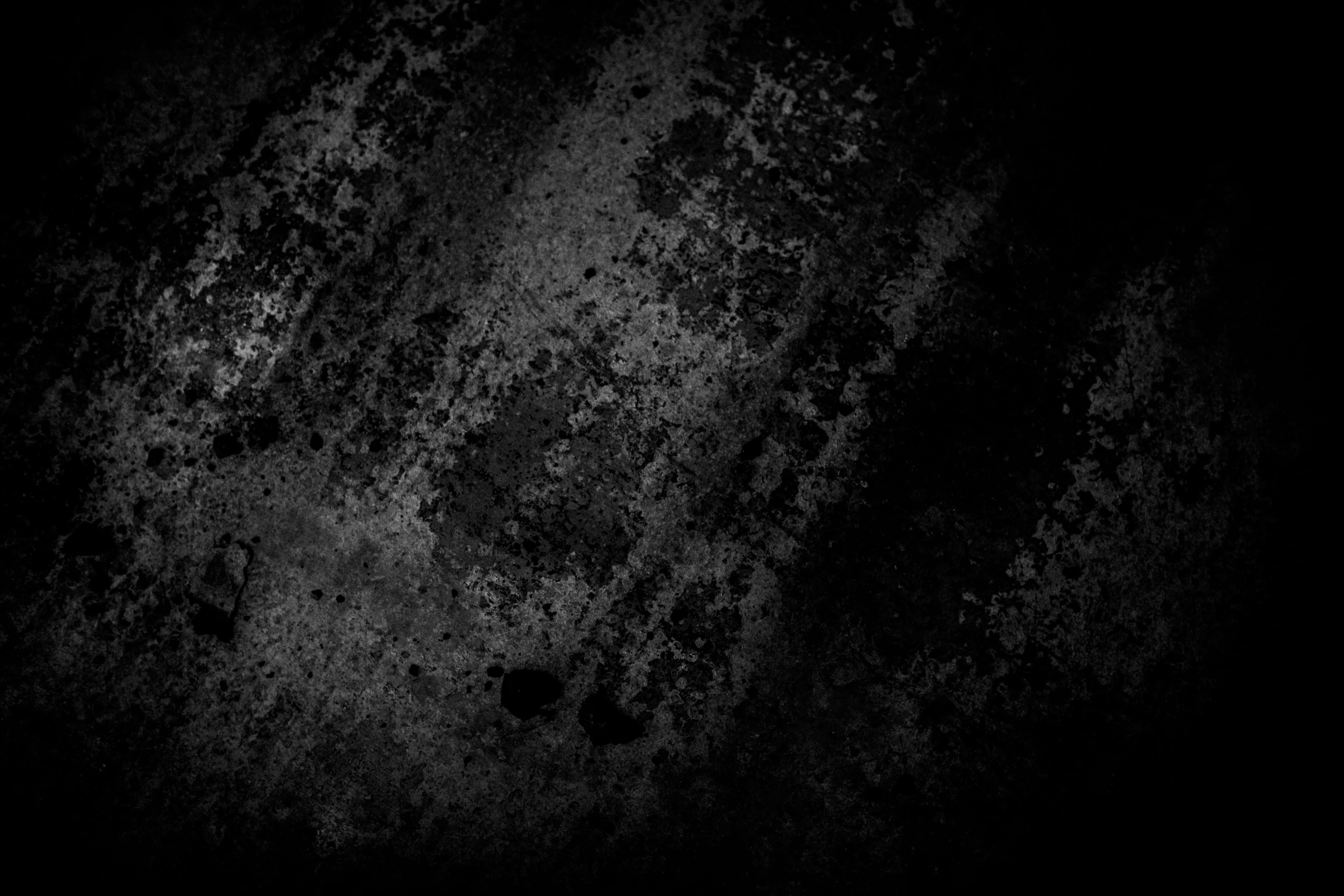Dark Grunge 桌布 壁紙 — 在深黑色背景上，帶有飛濺污垢和磨損斑塊的粗糙單色紋理。