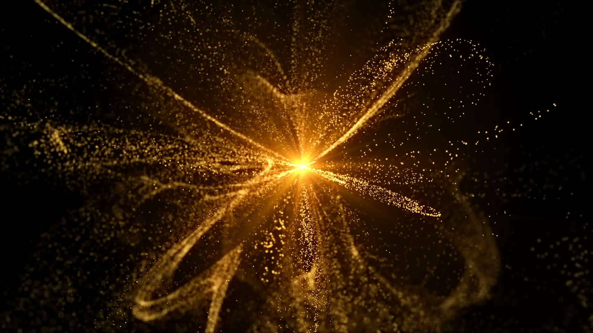 Dust 桌布 壁紙 — 在深黑色背景上，從中心點爆發出一場燦爛的金色粒子爆炸。