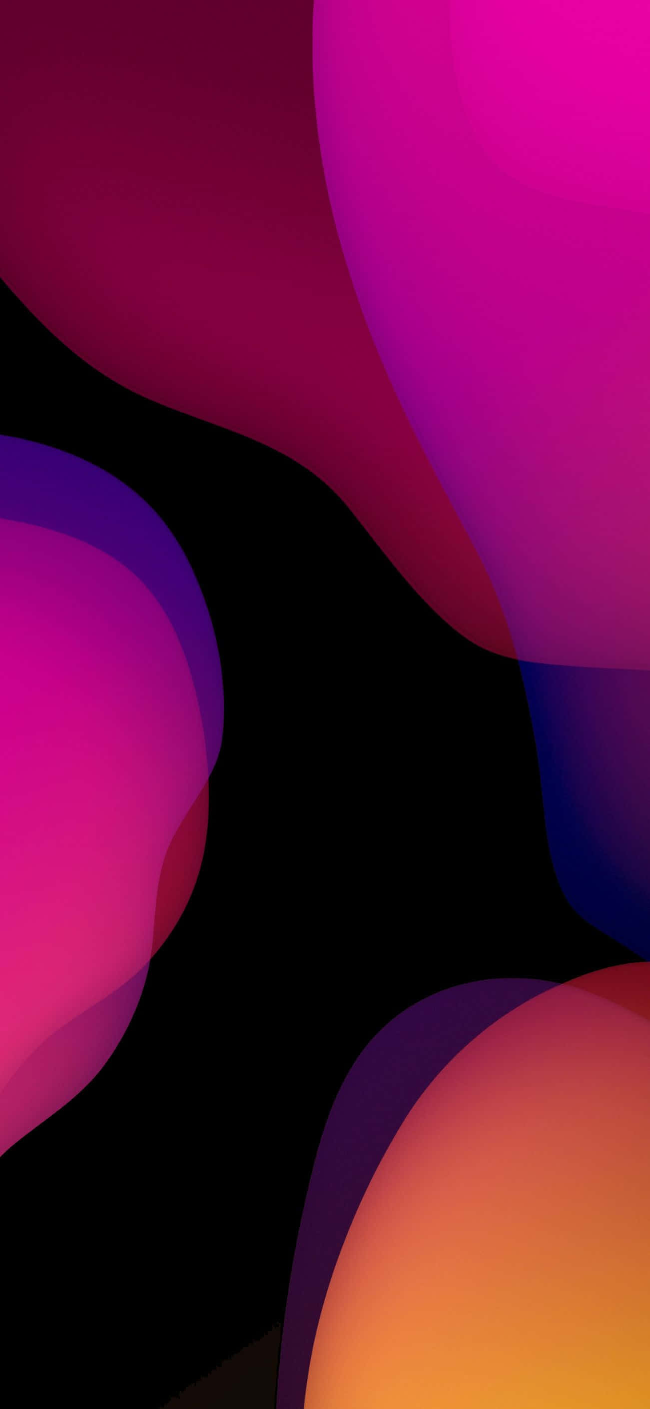 iOS 桌布 壁紙 — 在深黑色背景上，洋紅紫色和橙色的鮮豔抽象形狀發光。