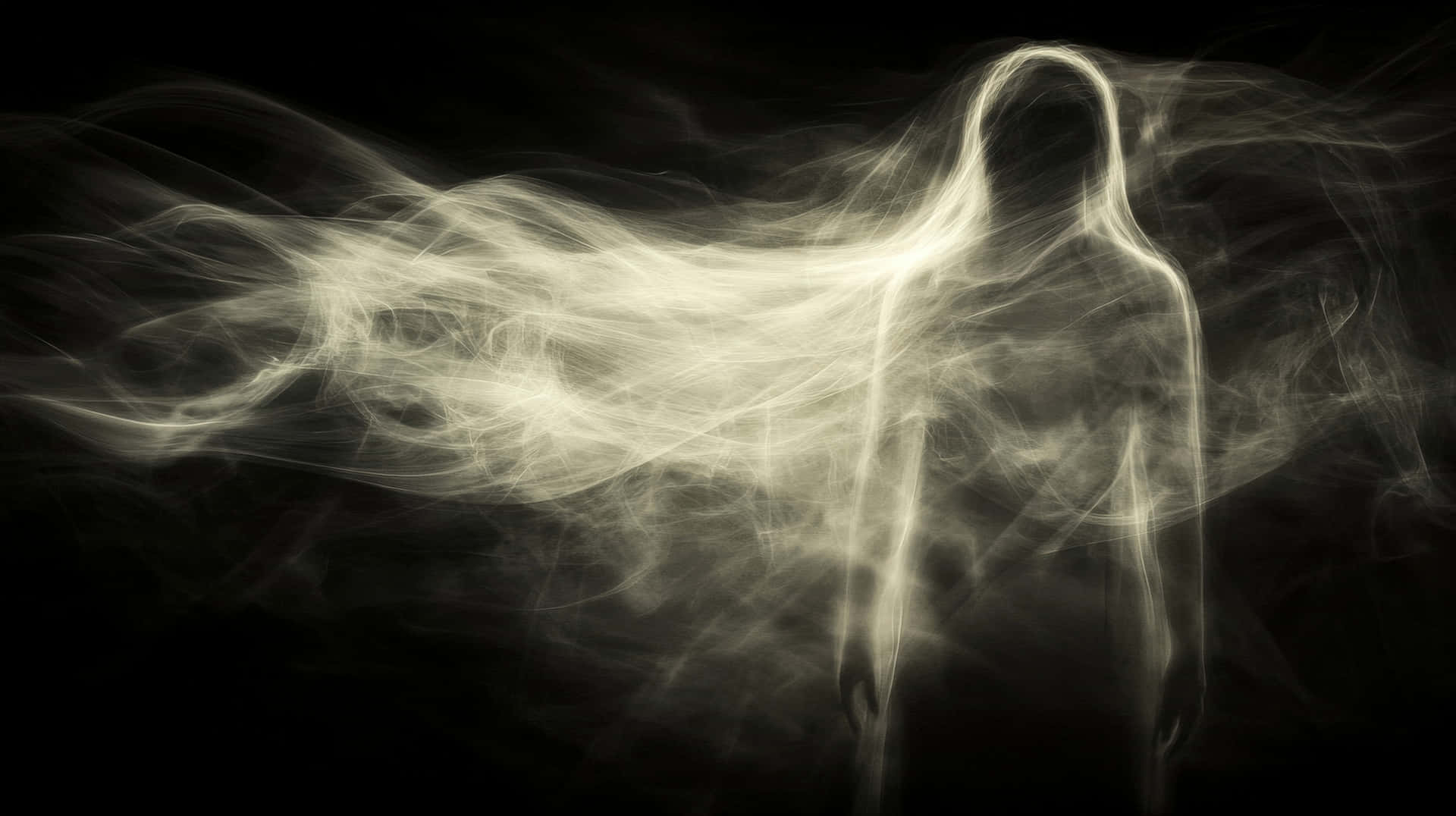 Ethereal Glowing Smoke Figure with Flowing Hair in a Dark Surreal Atmosphere 壁紙 — 在深黑色背景上，由旋轉的白煙形成的發光空靈人形輪廓。