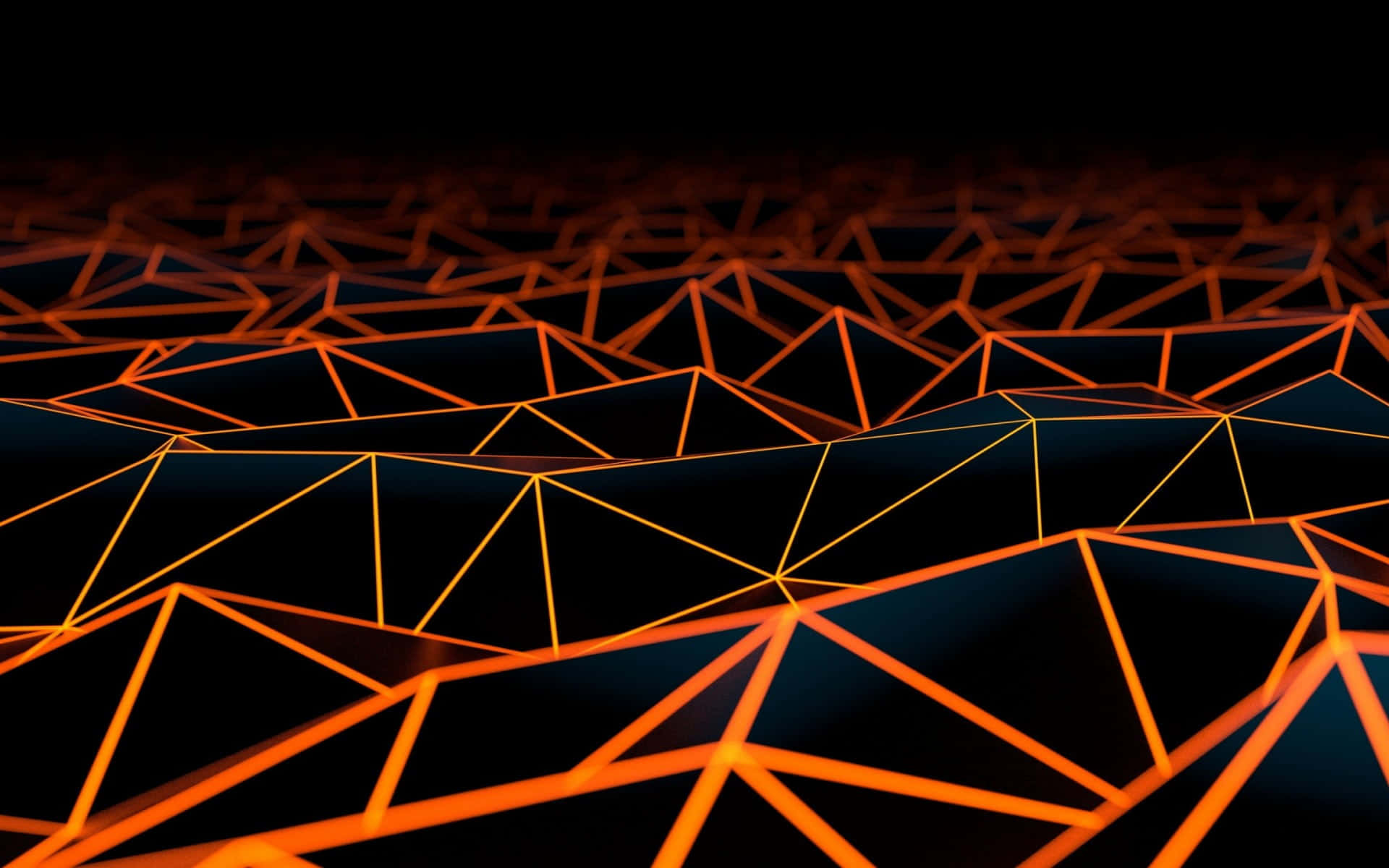Geometric Shapes 桌布 壁紙 — 在深黑色背景上，由發光的橙色三角形線條構成的未來主義幾何景觀。