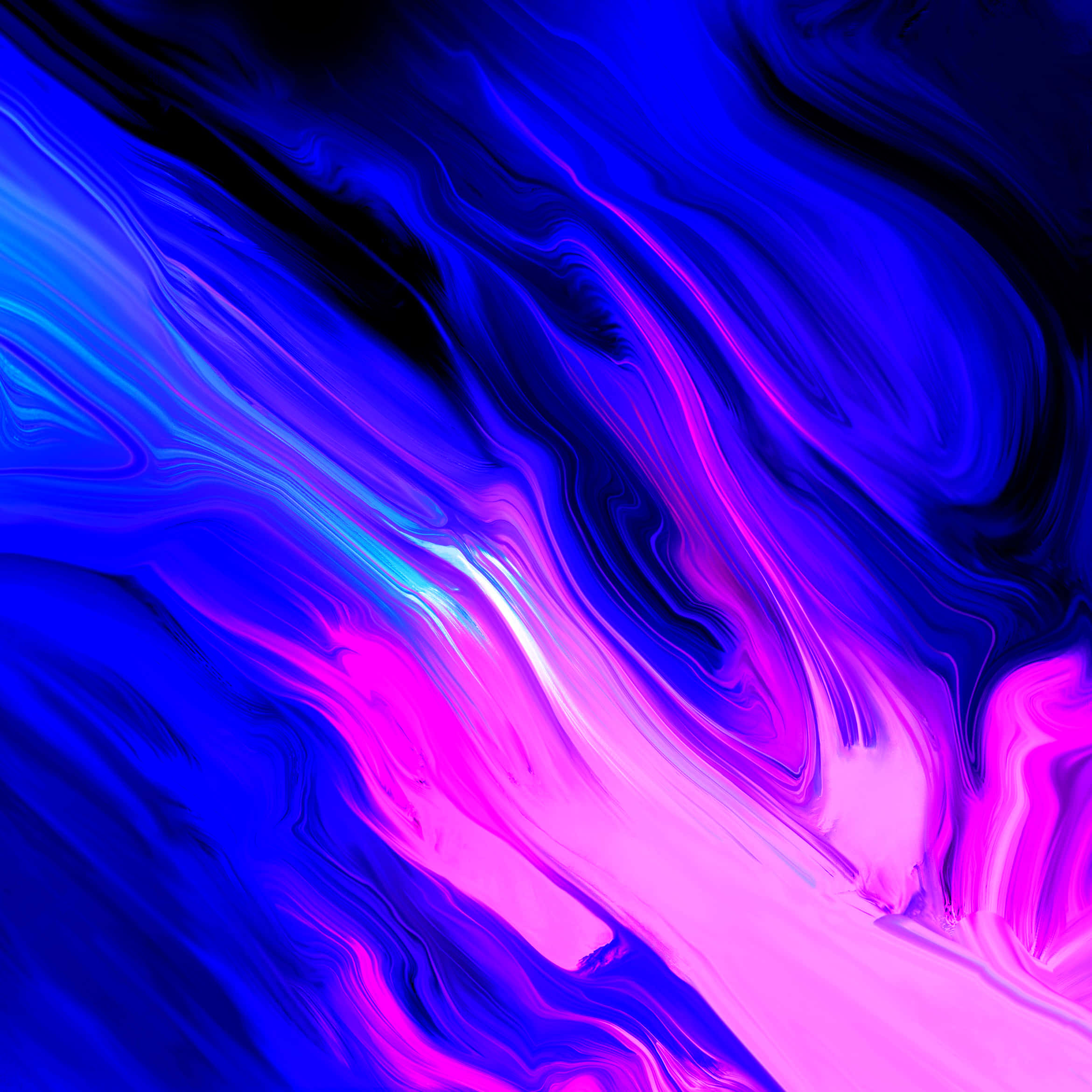Pink Swirl 桌布 壁紙 — 在深黑色背景上，電光藍和霓虹粉的鮮豔旋轉抽象圖案。