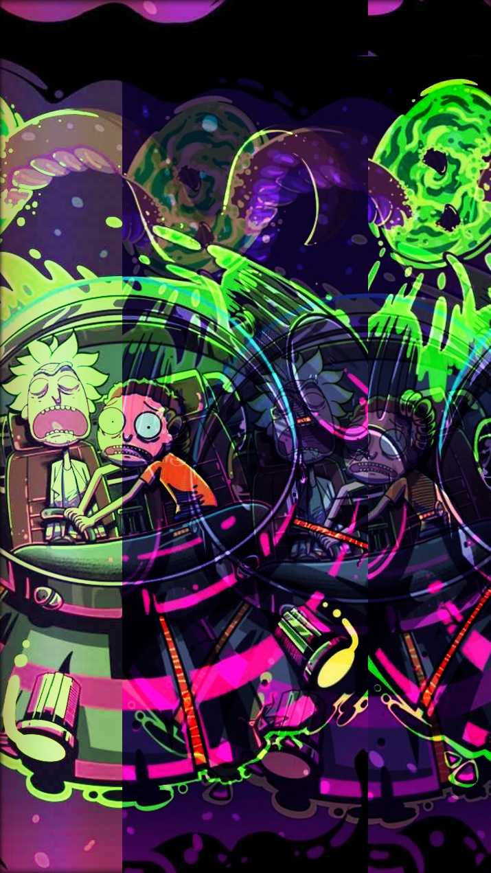 迷幻美學 桌布 壁紙 — 在混亂的太空船中，瑞克和莫蒂被發光的外星生物包圍，顏色是霓虹紫和綠色。