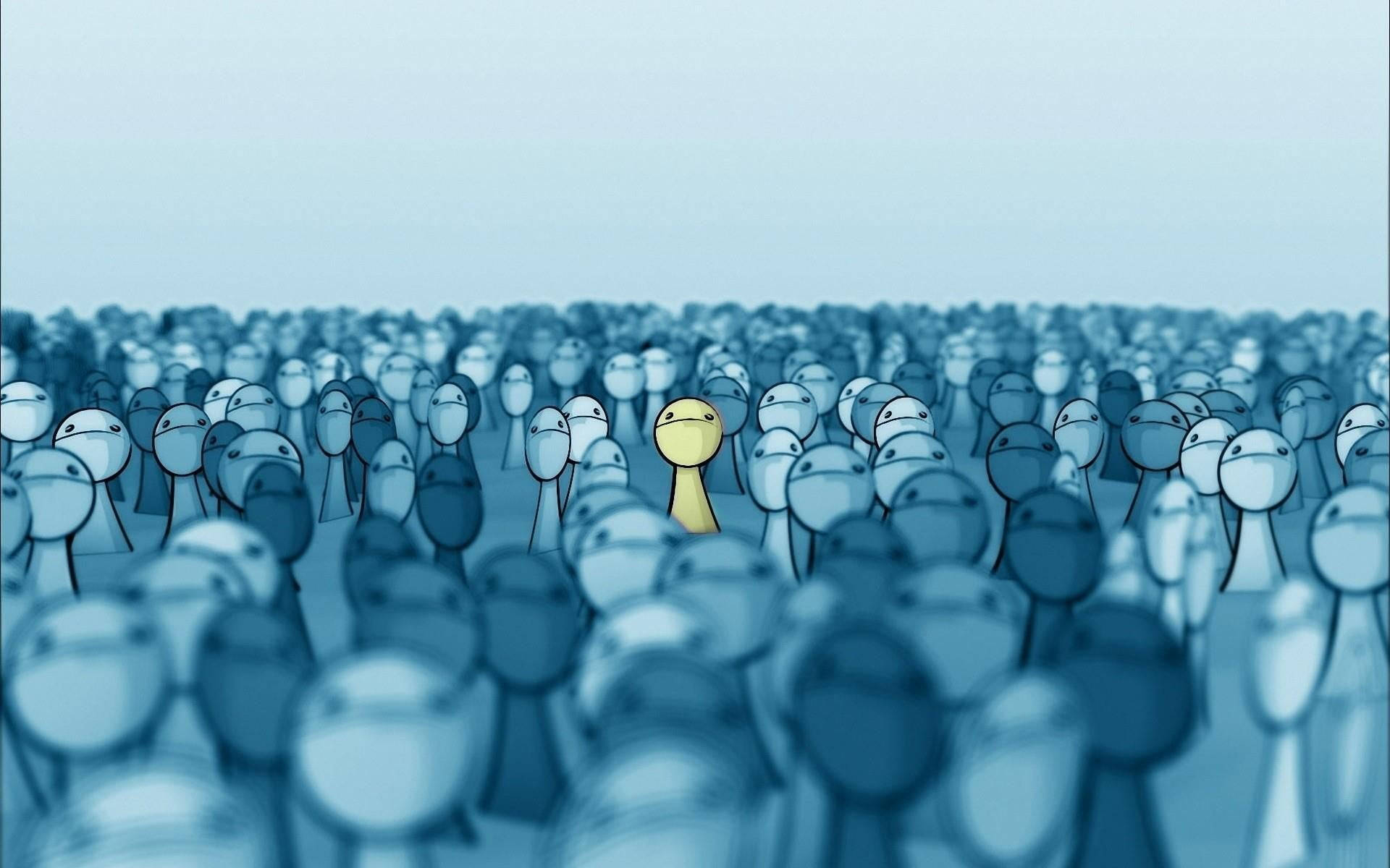 Alone 桌布 壁紙 — 在淺景深中，一個黃色火柴人從眾多藍色相同的火柴人中脫穎而出。