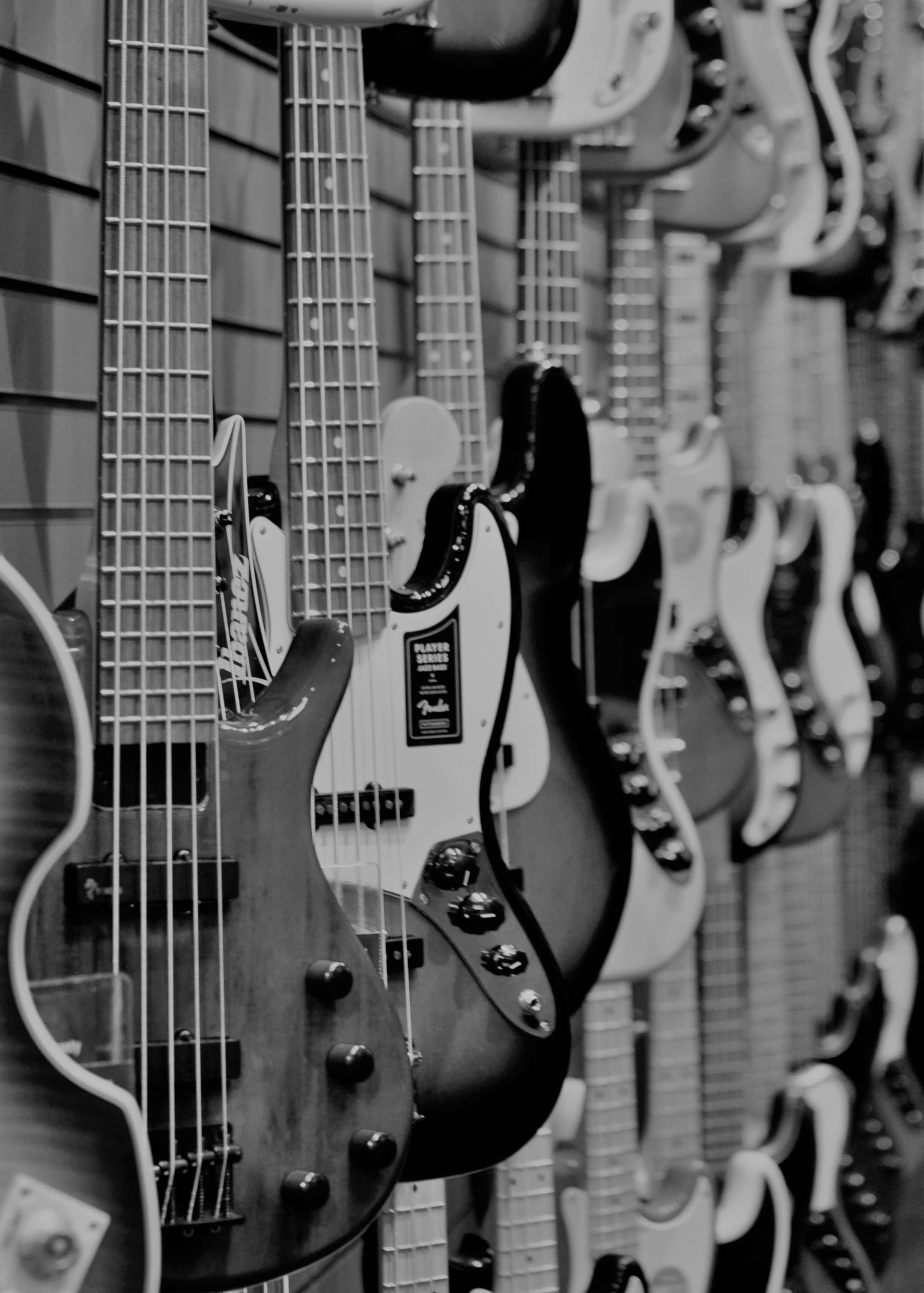 Bass Guitar 桌布 壁紙 — 在淺景深的音樂商店中，電吉他和低音吉他的單色展示。