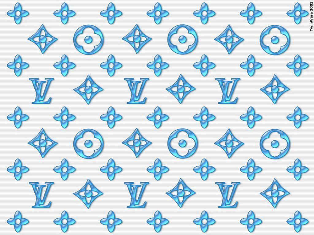 Louis Vuitton Pattern 桌布 壁紙 — 在淺灰色紋理背景上重複出現的藍色 Louis Vuitton 字母組合標誌圖案。