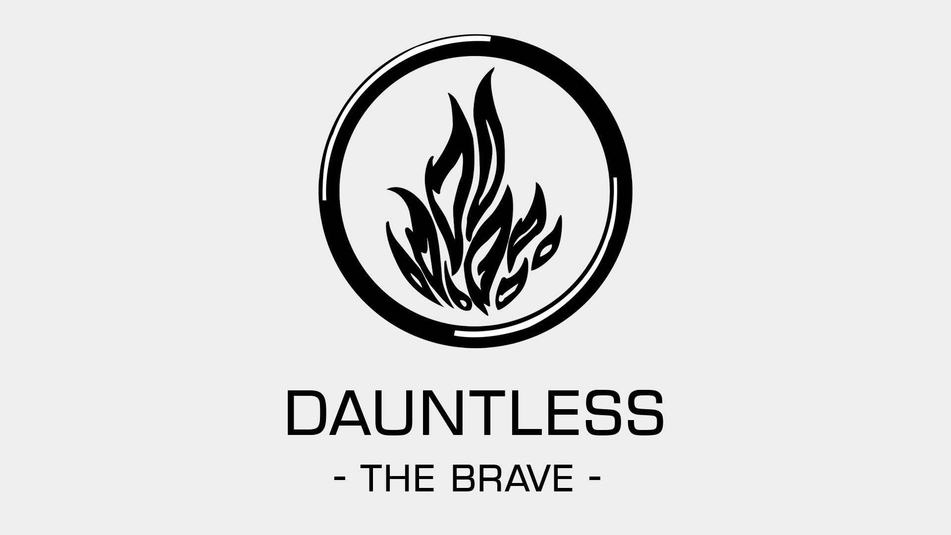 Divergent 桌布 壁紙 — 在淺灰色背景上，圓圈內有醒目的黑色火焰標誌和文字 dauntless the brave。