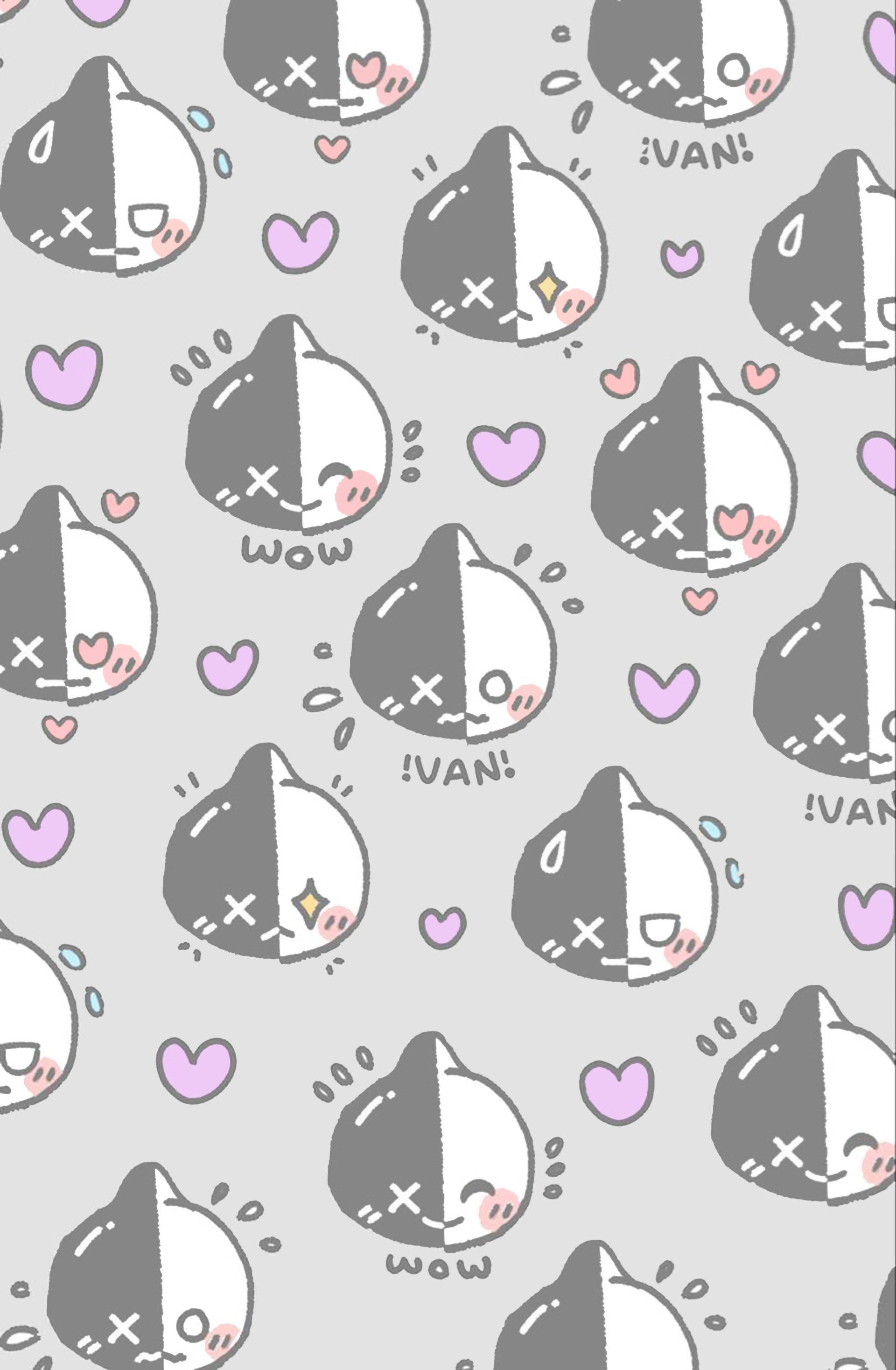 van bt21 桌布 壁紙 — 在淺灰色背景上重複的可愛半黑半白貓臉圖案，帶有心形和對話氣泡。