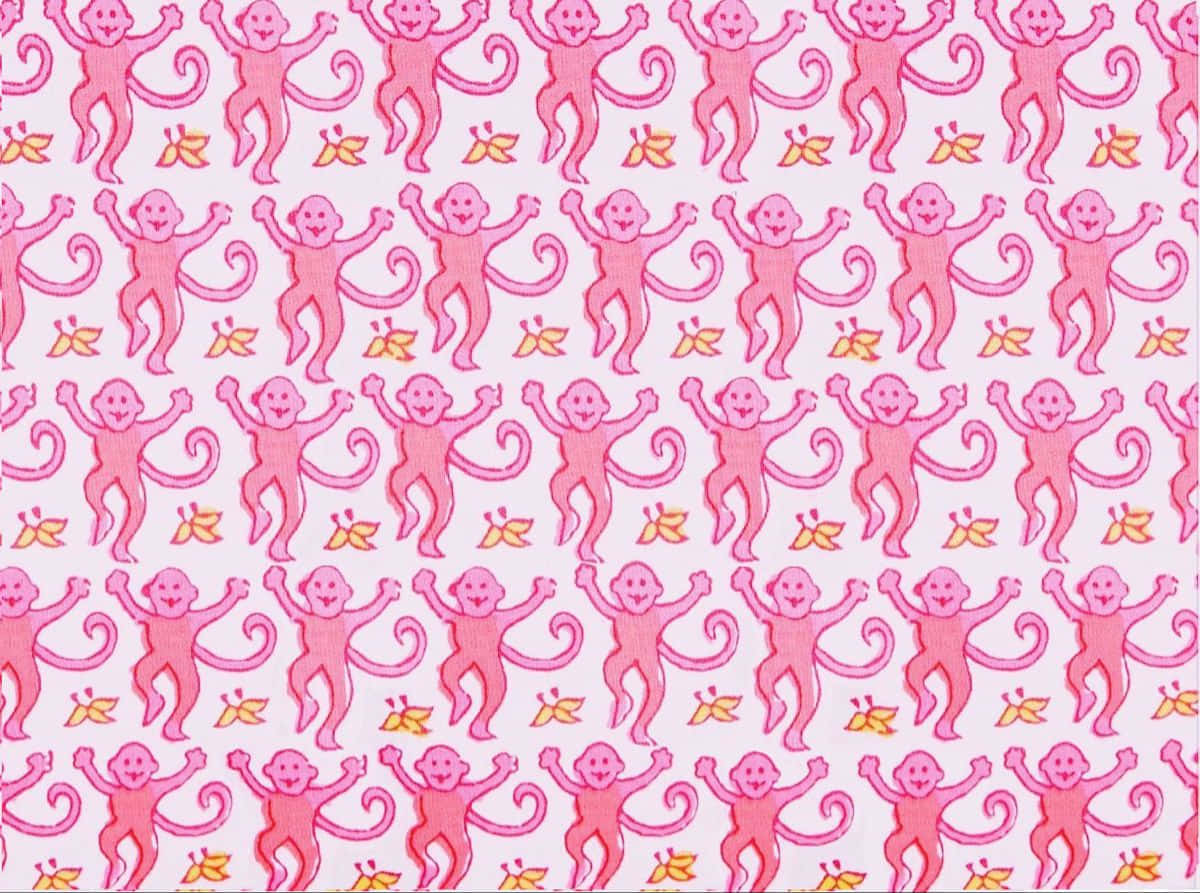 Preppy Desktop 桌布 壁紙 — 在淺粉紅色背景上重複出現的快樂粉紅色卡通猴子圖案，帶有橙色葉子。