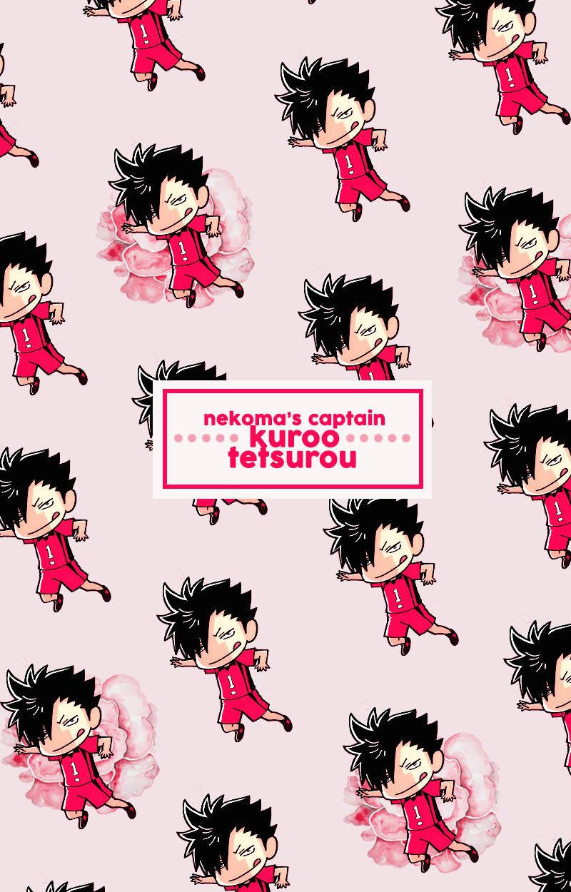 Kuroo 桌布 壁紙 — 在淺粉紅色背景上重複出現的穿著紅色足球制服、帶有粉紅色雲朵裝飾的chibi動漫角色。