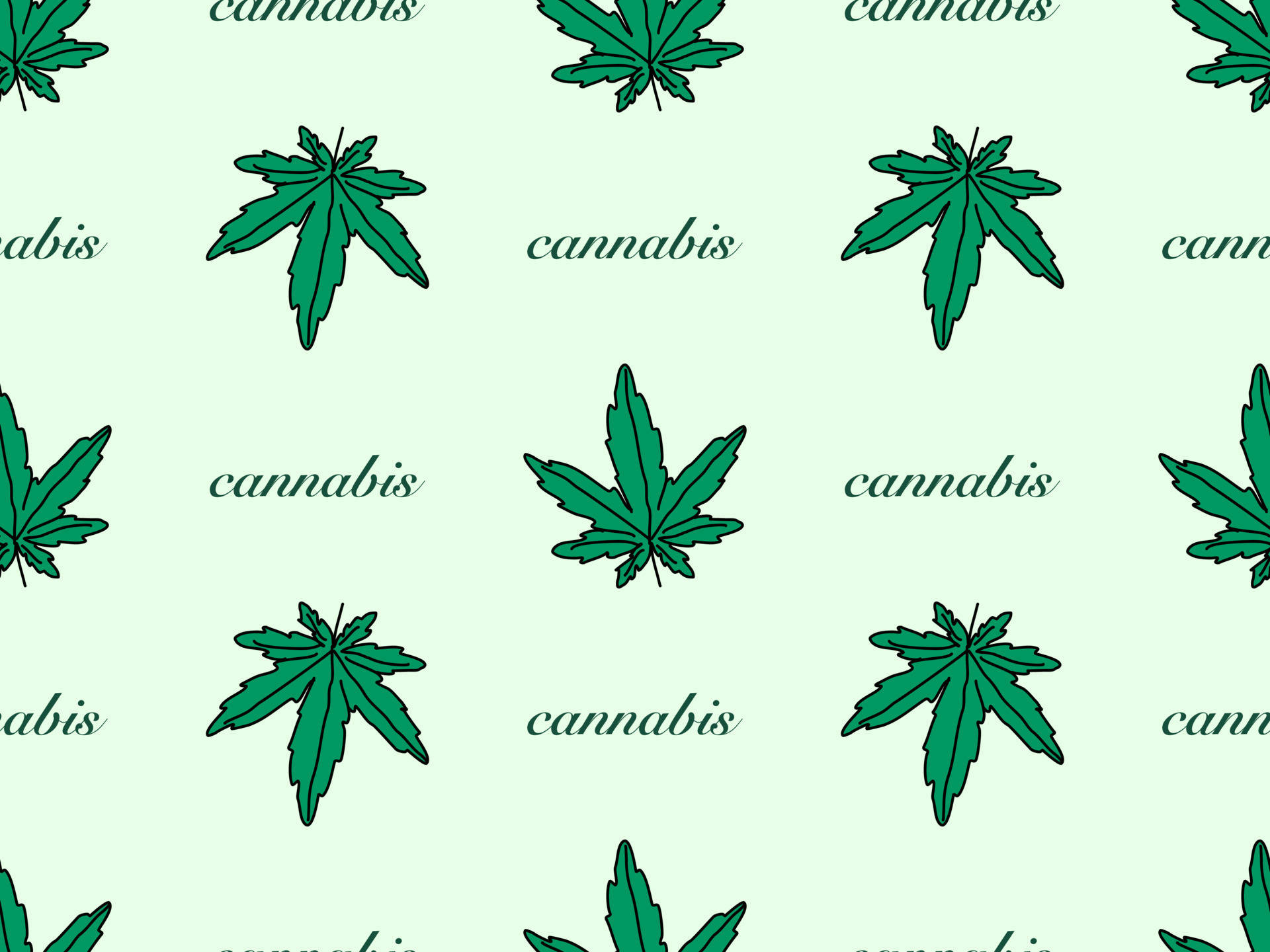 Cartoon Weed 桌布 壁紙 — 在淺綠色背景上以乾淨的向量風格重複的大麻葉和文字。