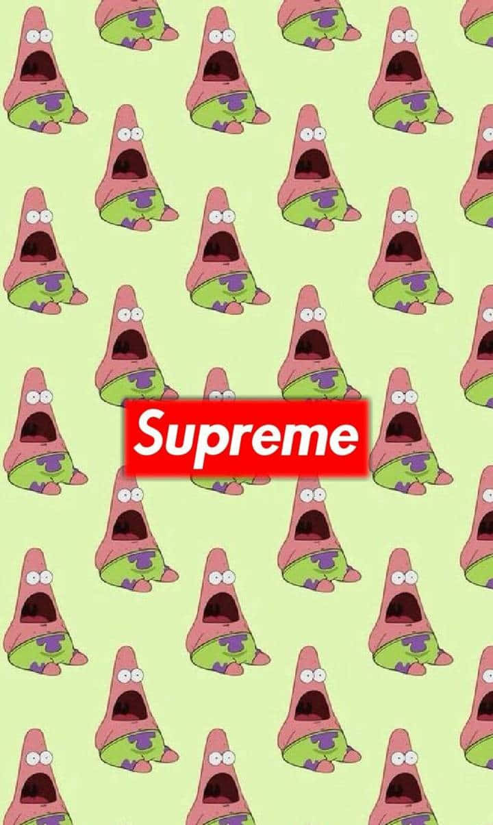 Spongebob Supreme 桌布 壁紙 — 在淺綠色背景上重複出現的卡通海星，眼睛大張，嘴巴張開，帶有紅色Supreme標誌。