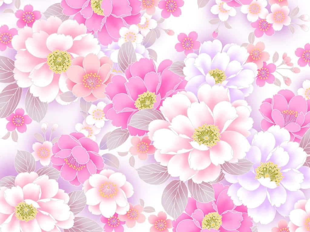 Best Flowers 桌布 壁紙 — 在淺色漸變背景上，帶有黃色花心和柔軟灰色葉子的粉紅色和白色牡丹的鮮豔圖案。