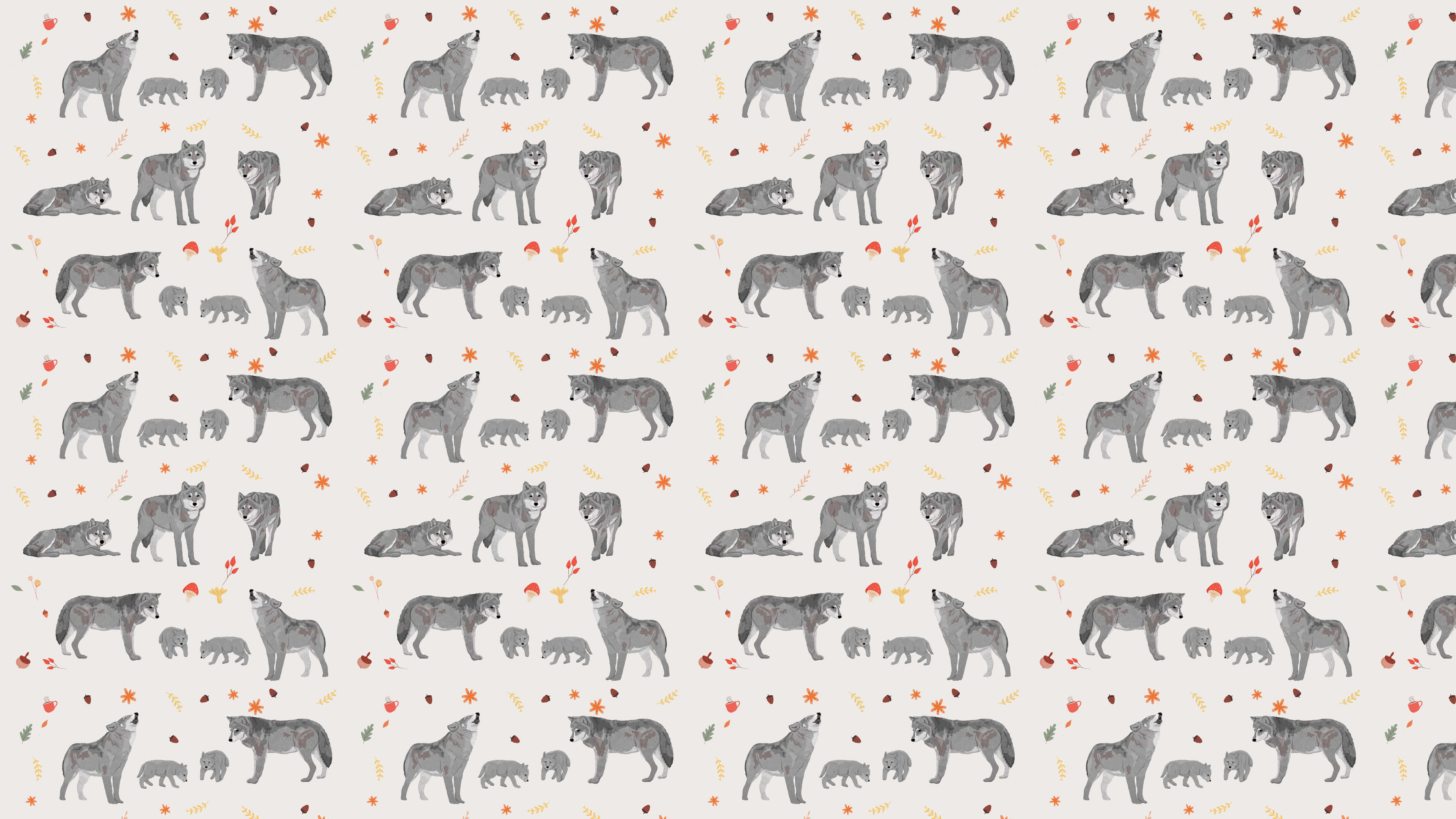 Wolf Pattern 桌布 壁紙 — 在淺色背景上，灰色狼和幼狼散落在秋葉中的重複圖案。
