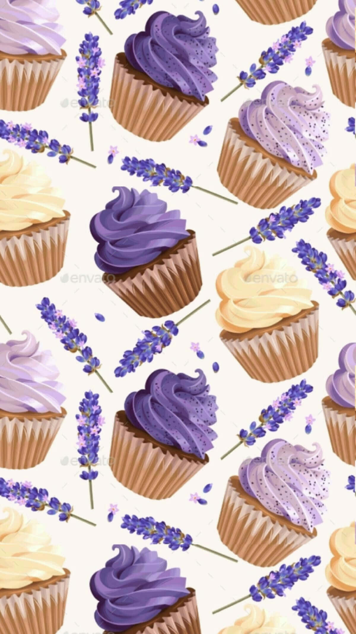 Cupcake 桌布 壁紙 — 在淺色背景上，重複的杯子蛋糕圖案，帶有紫色和奶油色糖霜，並穿插薰衣草枝。