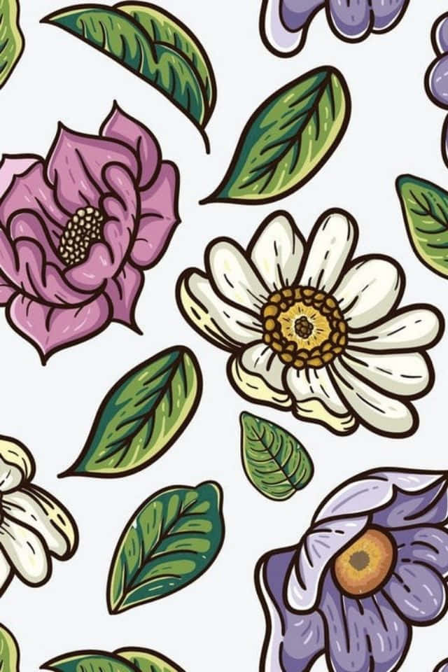 iPhone Flower 桌布 壁紙 — 在淺色背景上手繪的紫色、白色和綠色鮮豔花朵和葉子。